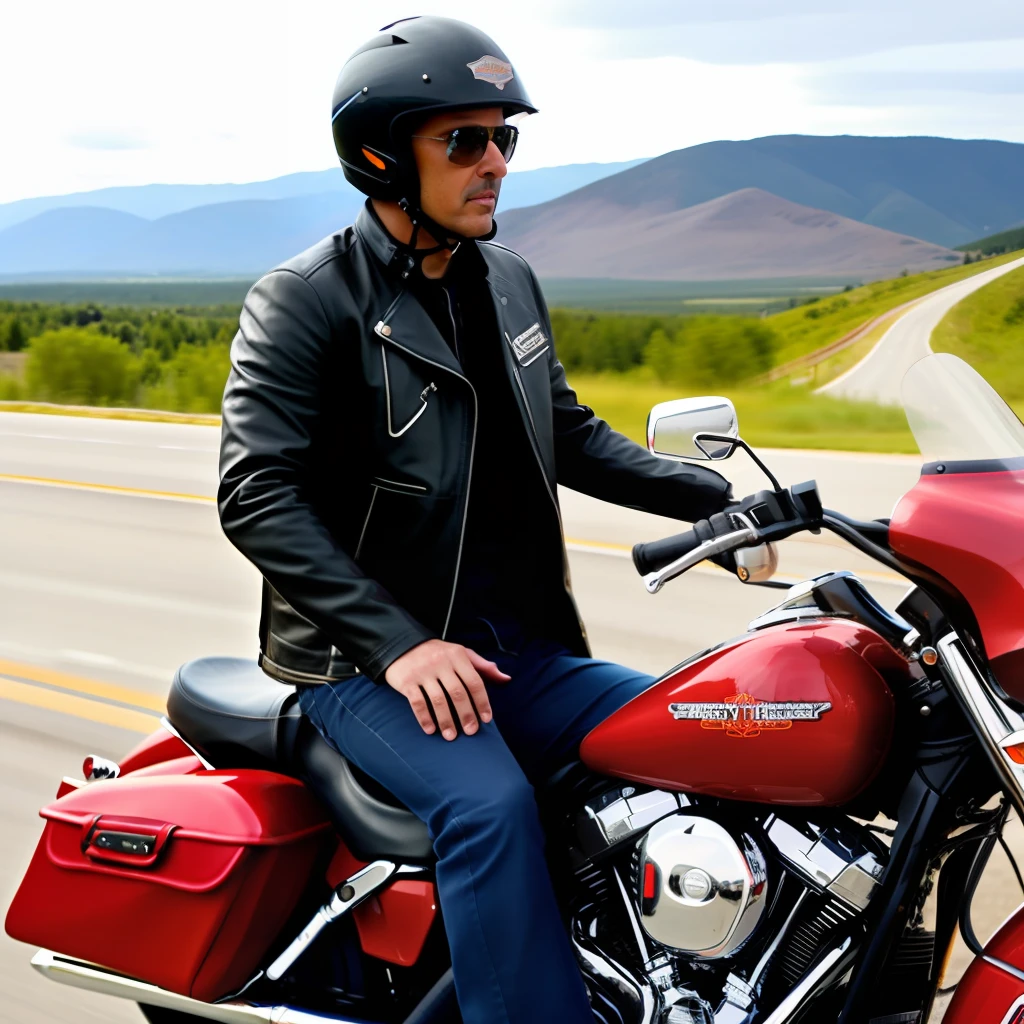 Lovely man in a leather rider jacket suit on the endless journey of the highway in Harley Davidson