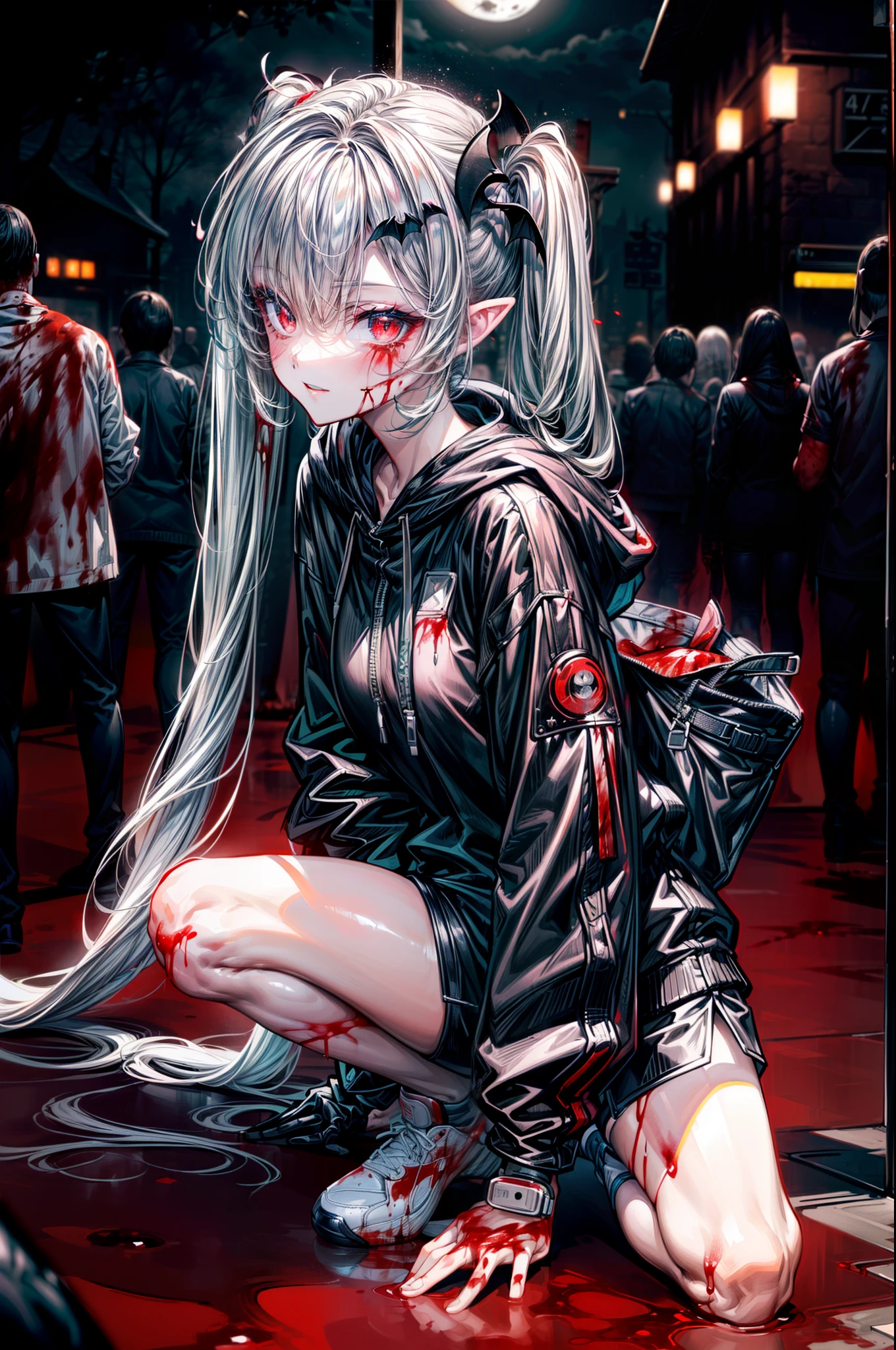 ((masterpiece, best quality, extremely detailed CG, unity 8k wallpaper,anatomically correct,ultra resolution)),Award-winning photography,(best illumination,Very Delicate and Beautiful),(one girl,solo,:1.5),Vampire,silver hair,(twintails:1.2),glowing red eyes,pale skin,(extremely beautiful and detailed face:1.2), (extremely beautiful and detailed eyes:1.2),perfect hands,delicate legs,((bat hair ornament)),(casual,fashion),pointy ears,((hoodie:1.45,sports shorts,sports shoes,black leather gloves)),looking at viewer,v,smiling,dark persona,evil,(cute:1.5),((night, dark atmosphere, dark theme, darkness:1.5)),dramatic shadows,(dimly lit:1.5),blood on face,blood on floor, blood on walls,(blood mist,blood splash:1.4),depth of field,(Bustling city:1.2,park:1.3,crowds of people:1.2), cloud, full moon, moon, moonlight, night sky, outdoors, blood moon, sky, star sky, starry sky,(perfect human body structure with maximum precision)