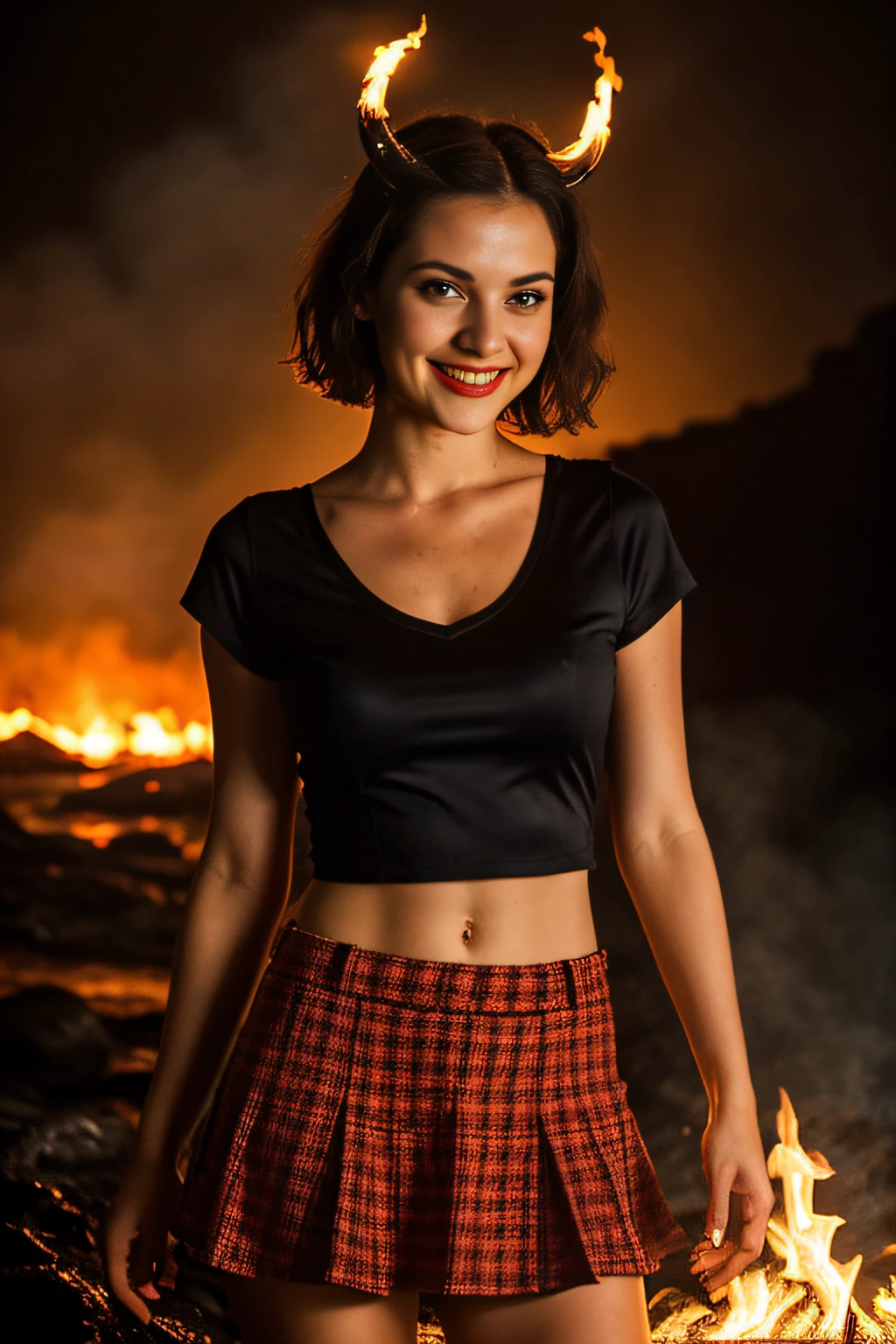 1 devil woman, seductive succubus, with small horns and syrup, silky red skin, full breasts, fleshy lips, eyes with flaming glow, short hair, masterpiece, best quality, ultra-detailed, solo, outdoor taking selfie in Hell, next to a lake of fire and bubbling lava in the background (background sharp depth of field), cheerful, smiling, happy, light clothing, low-cut black top shirt, checkered red mini-skirt, contrast, fiery red sky, white and black smoke, red steam from the sides, style, (warm hue, warm tone): 1.2), close-up, cinematic light, side lighting, ultra high resolution, best shadow, RAW, upper body.
