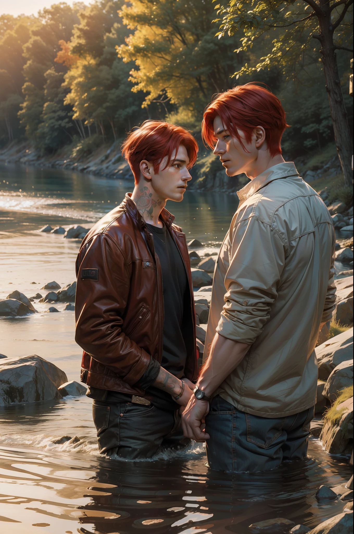 ((ultra realistic, masterpiece, photorealistic)) Two men, in front of a river (looking for the river), an older man and a younger one, the older one has ((red hair)), the younger one (( red hair)), warm light, (warm colors1.3).