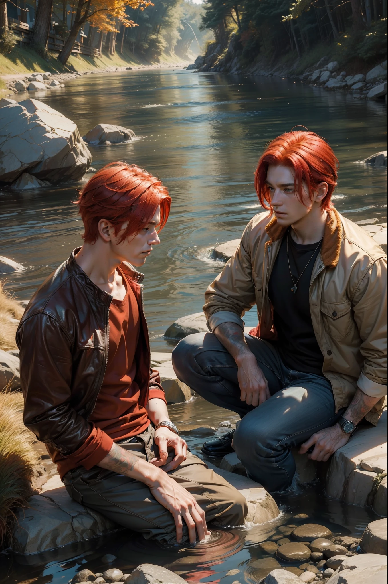 ((ultra realistic, masterpiece, photorealistic)) Two men, in front of a river (looking for the river), an older man and a younger one, the older one has ((red hair)), the younger one (( red hair)), warm light, (warm colors1.3).