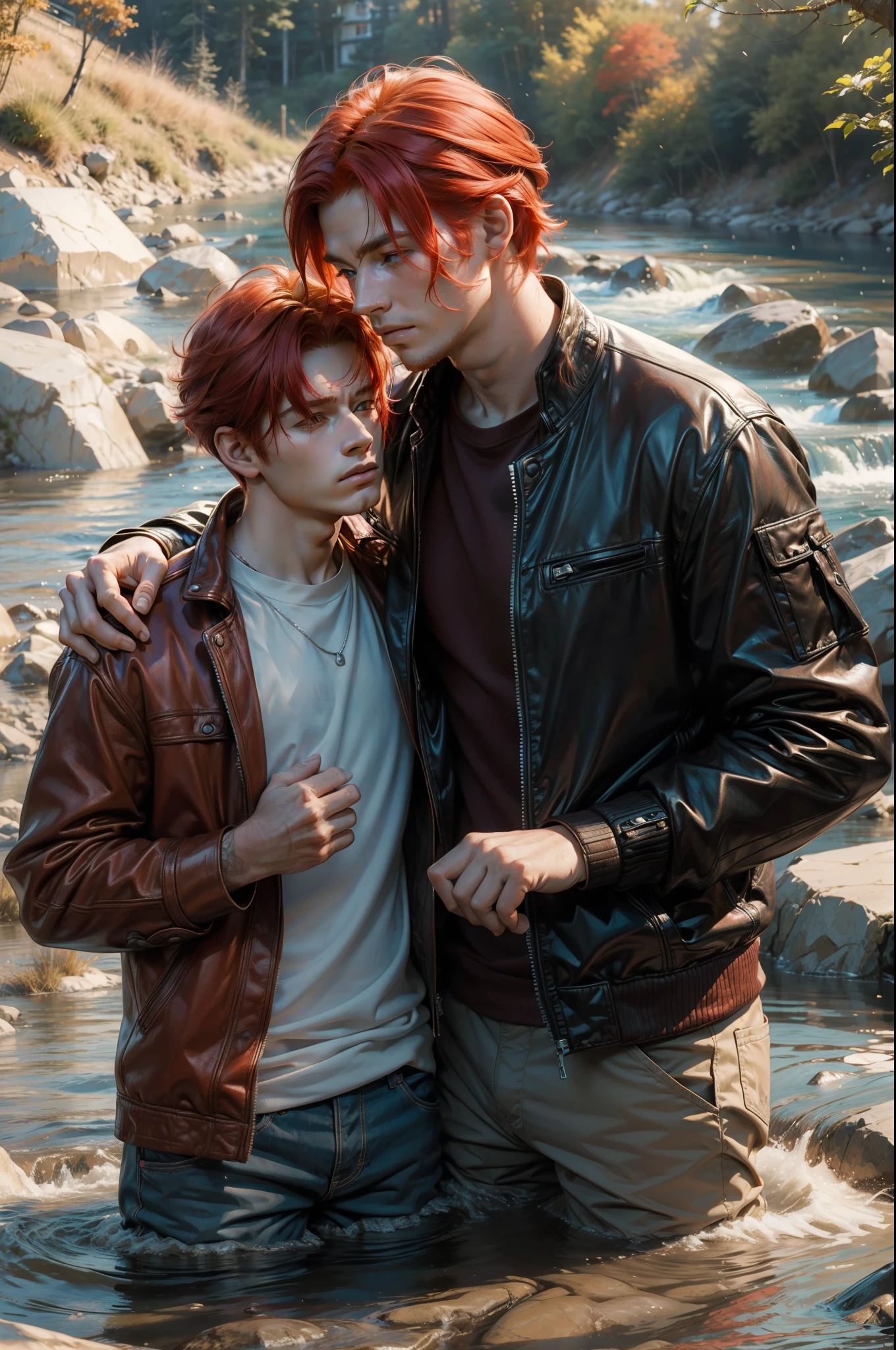 ((ultra realistic, masterpiece, photorealistic)) Two men, in front of a river (looking for the river), an older man and a younger one, the older one has ((red hair)), the younger one (( red hair)), warm light, (warm colors1.3).