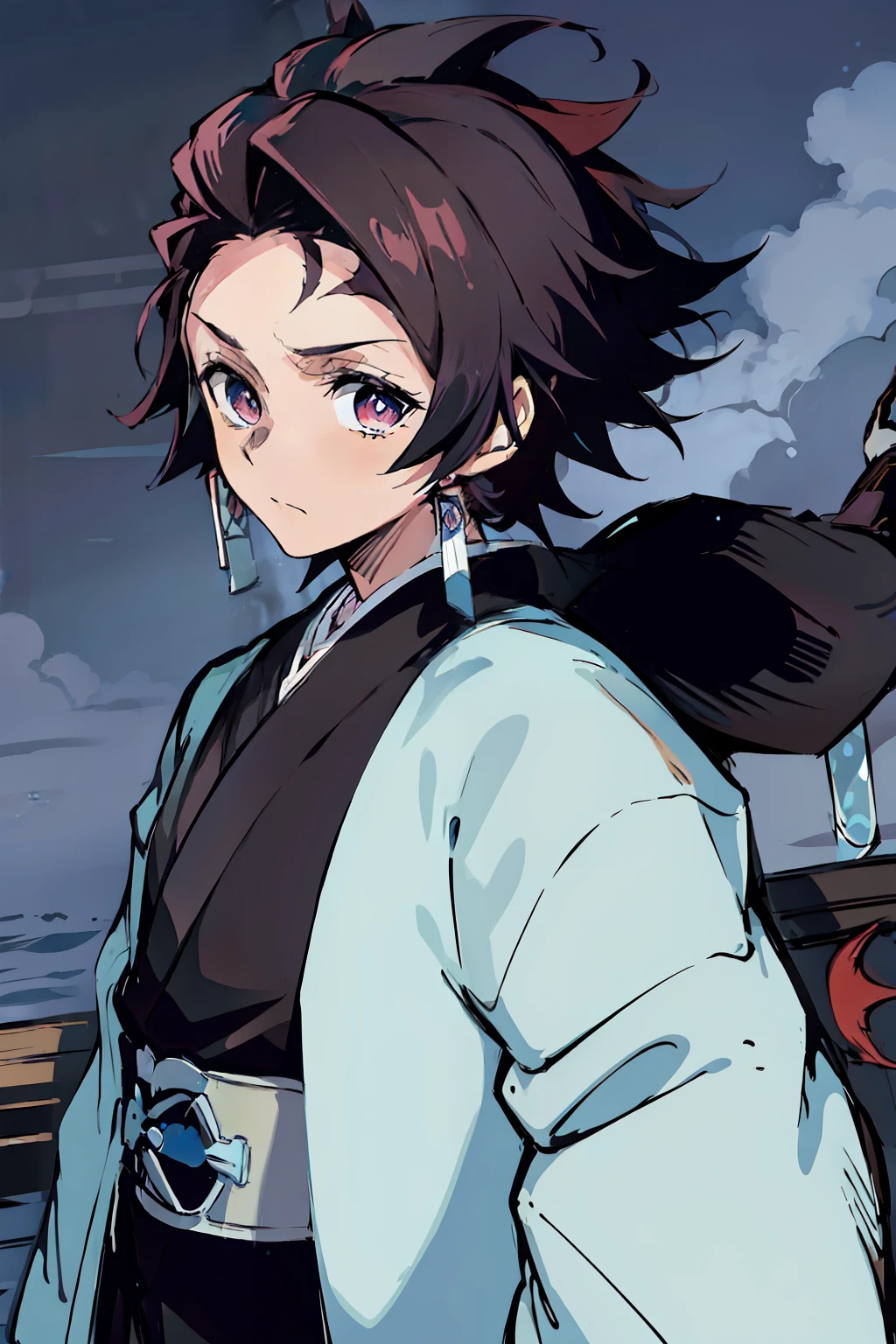 obra-prima, melhor qualidade, 1boy, Demon Slayer art, kimono preto, haori azul com nuvens brancas, roupas japonesas, cabelo longo, cabelo do Tomioka, mangas_longas, pele branca, cabelo preto com mechas vermelhas. Homem, It has blue eyes that are always shining. Veste um kimono totalmente preto e um Haori decorado com nuvens brancas, uniforme. Segurando uma espada de cor azulada, Blue blade, glistening water, Water power, water breath