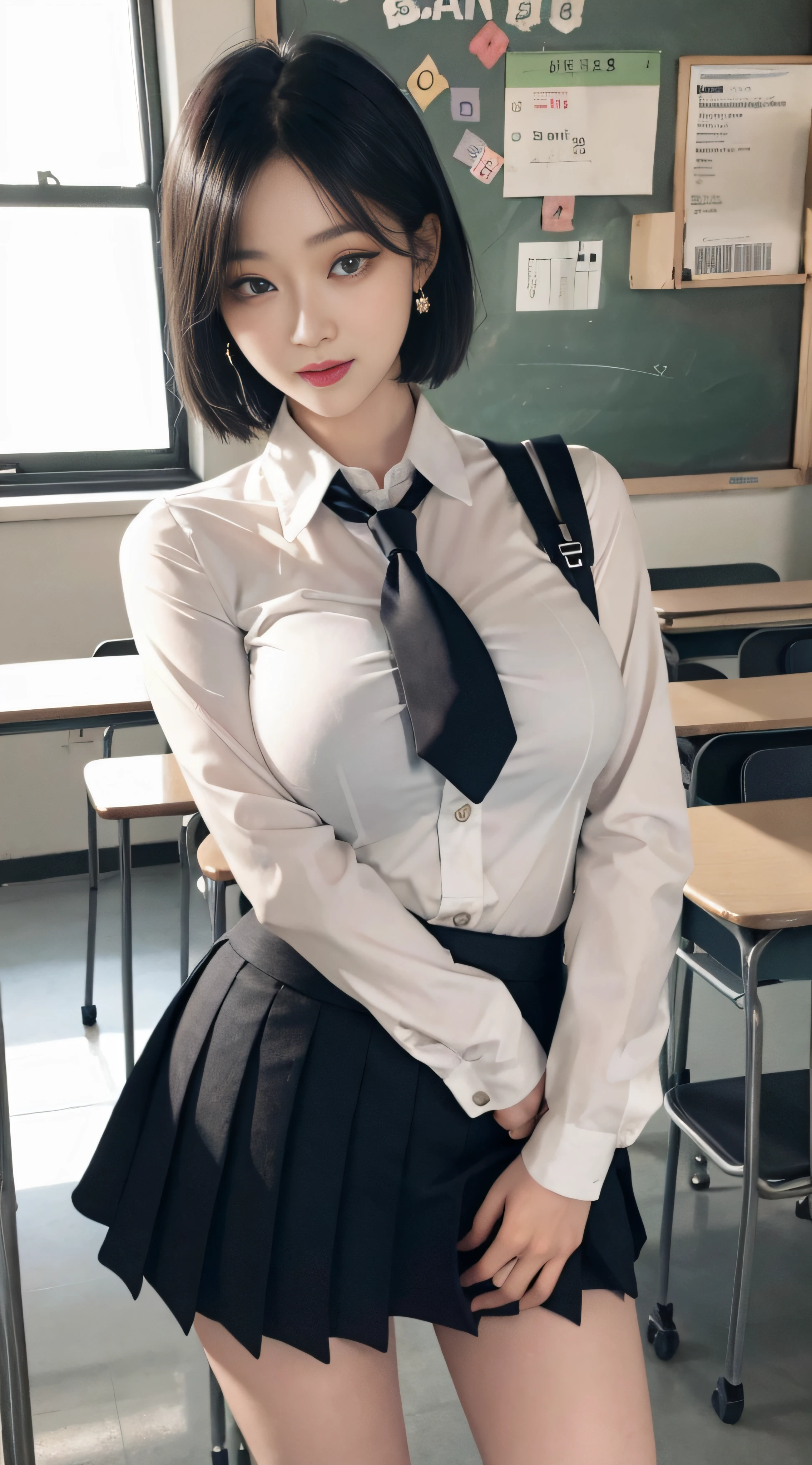 8K RAW photo, high resolution, 21 year old cool Korean, big round breasts, school uniform, tie, tie ribbon, blazer, skirt, beautiful eyes in detail, long eyelashes, beautiful double eyelids, eye shadow, slit eyes, sanpaku eyes, dark eye makeup, evil smile, beautiful thin legs, short hair gathered at the back, earrings, school classroom