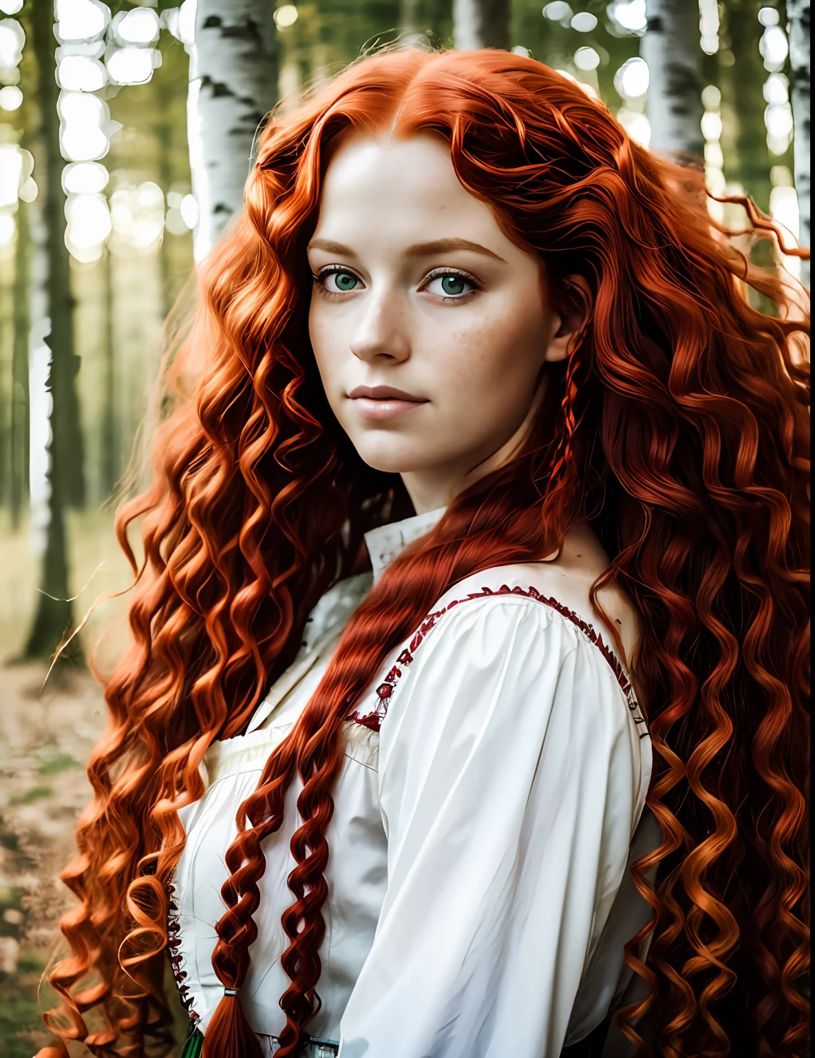 (((long fluffy curly red hair))) face portrait of An extremely Beautiful young Woman, pale skin, green eyes, freckle, Scottish, archer, traditional scottish dress, Birch forest,
gritty sharp focus, intricate,
watercolor,