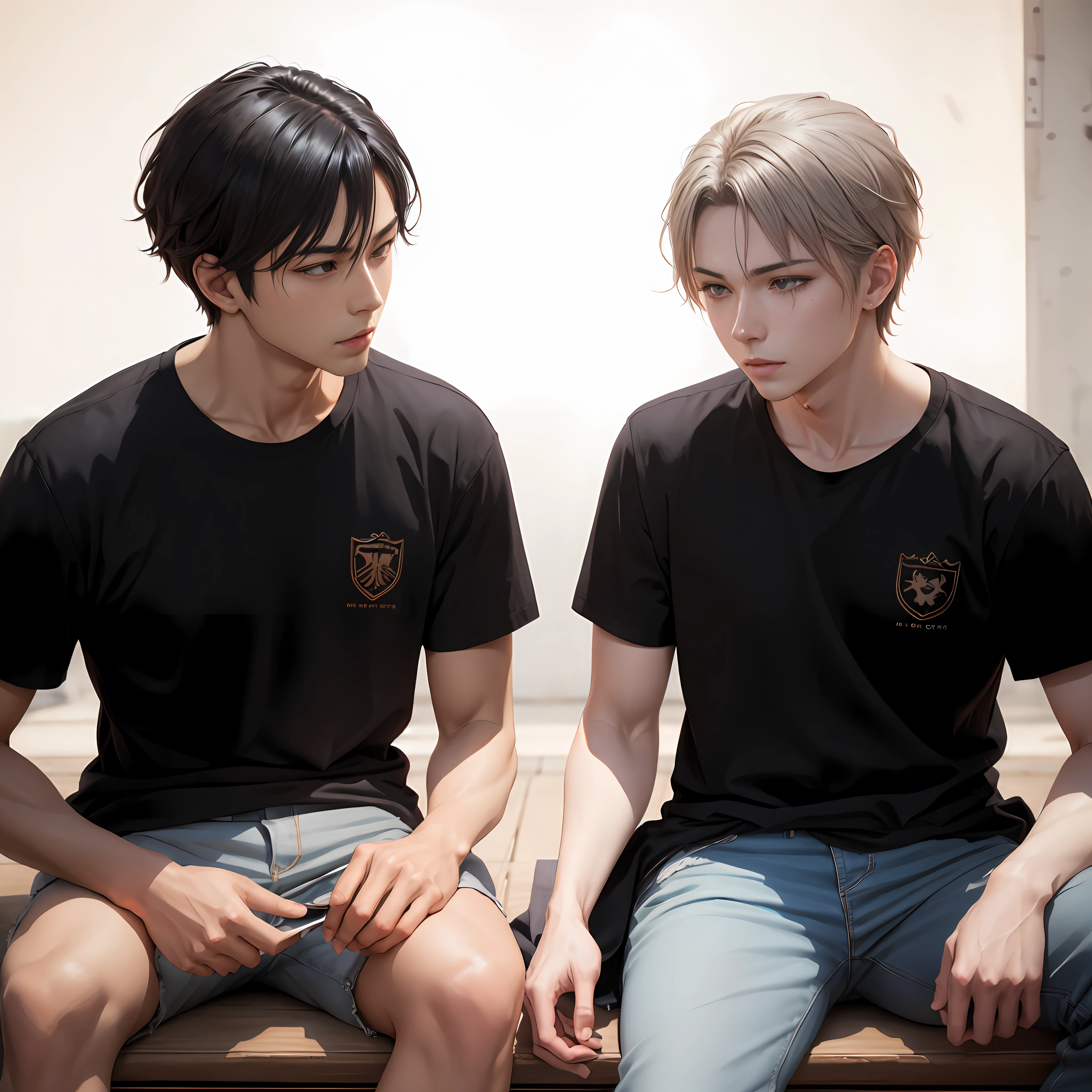 They are sitting on a bench together in black shirts.., conversando hablando Dos hombres guapos de anime, Obras de arte al estilo de Guweiz, Petros y Leonid, Fanart oficial, Jin Shan y Ross Tran, Nixeu y Sakimichan, Ross Tran y Bayard Wu, Hermosa pose de anime, official studio anime still, Wlop y Sakimichan