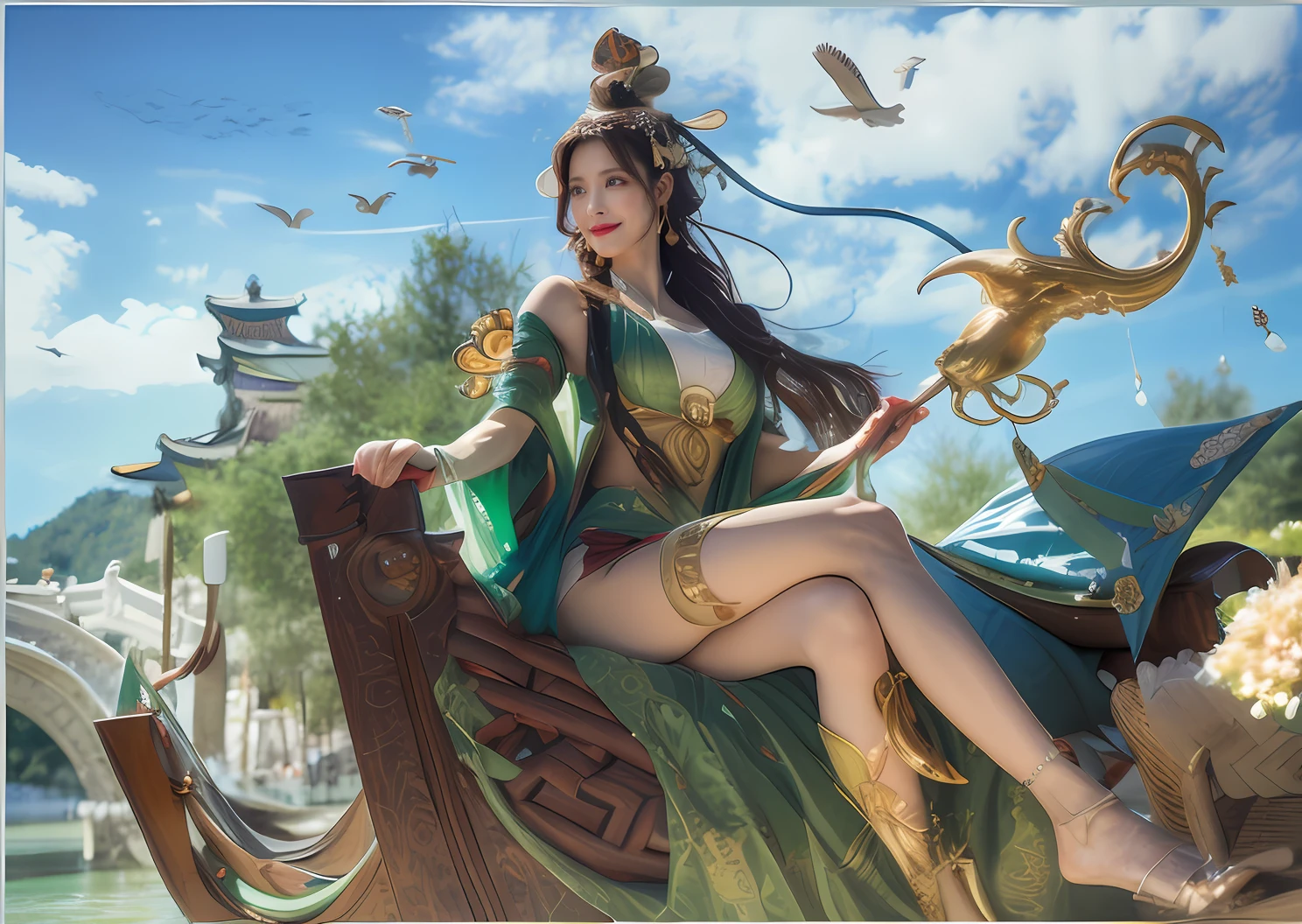 Ancient Chinese female aristocracy,Middle Age,aged 40,详细的脸,Beautiful and dignified,kindliness,Aristocratic temperament,Wearing a tall golden-blue hairpin,Floating blue ribbon,Sitting on a wooden boat,Leaning on the boat with your left hand,Holding a gold cane in his right hand,The staff glows blue,Jirou legs,There are gold ornaments on the calves,Wear green luxury*Damask skirt,No shoes,Behind it are the small bridge and mountain temple of the flowing water of the ancient town,The sky is clear,The sky is blue,There were seagulls flying by,Background bokeh,high high quality,illustrious,best qualtiy,hyper HD,RAW photos