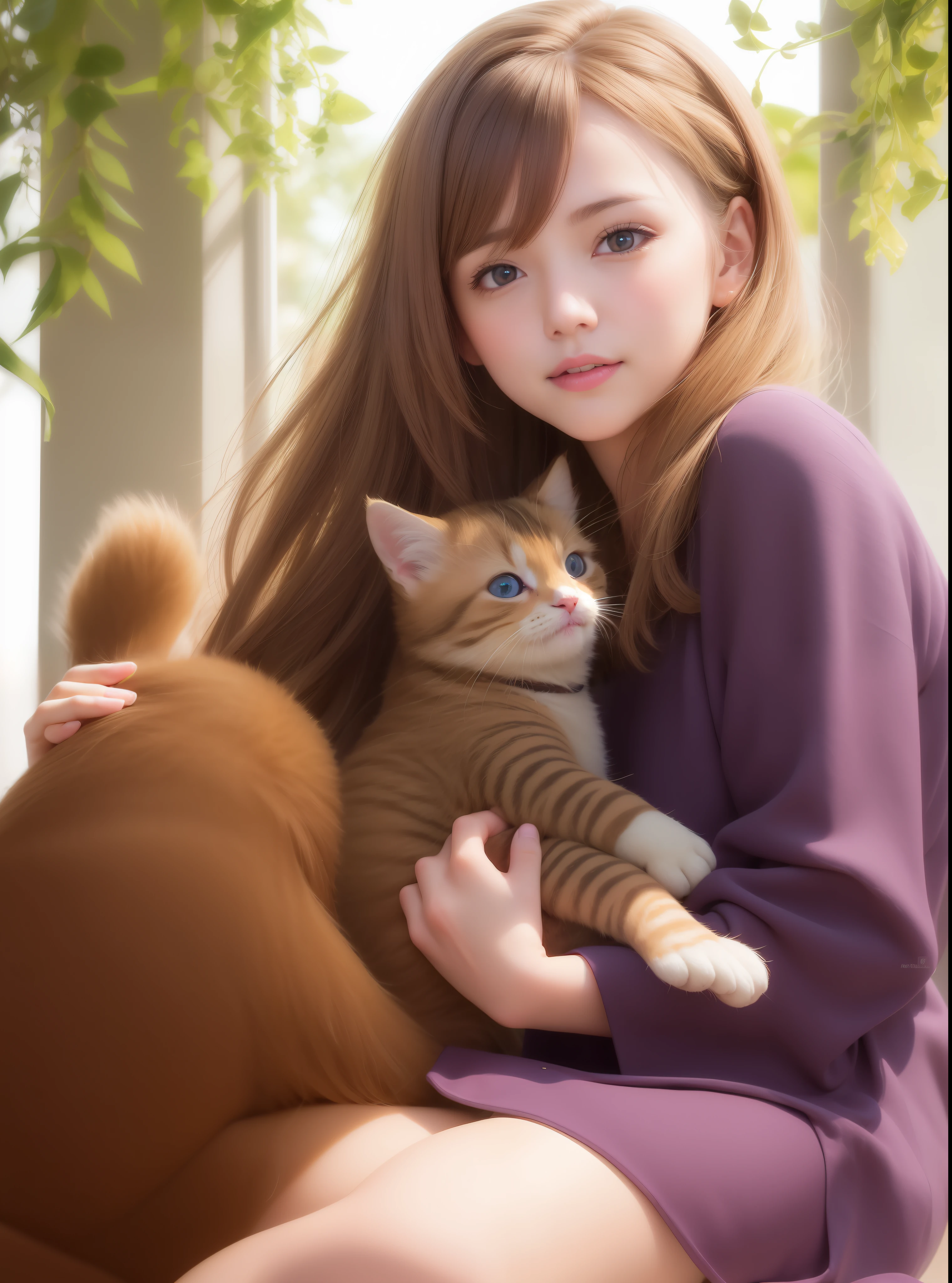 Here is an example of an AI image prompt。:
「Beautiful woman like realistic photo、Has double patchy purple eyes、Smiling gracefully with dark brown long hair、Generate an image depicting an adorable kitten cuddling scene。The woman's eyes glow dark purple、Long hair flutters gracefully in the wind。Kittens with fluffy fur、It's full of cuteness。The background is a bright area with natural light、It's a heartwarming atmosphere。」