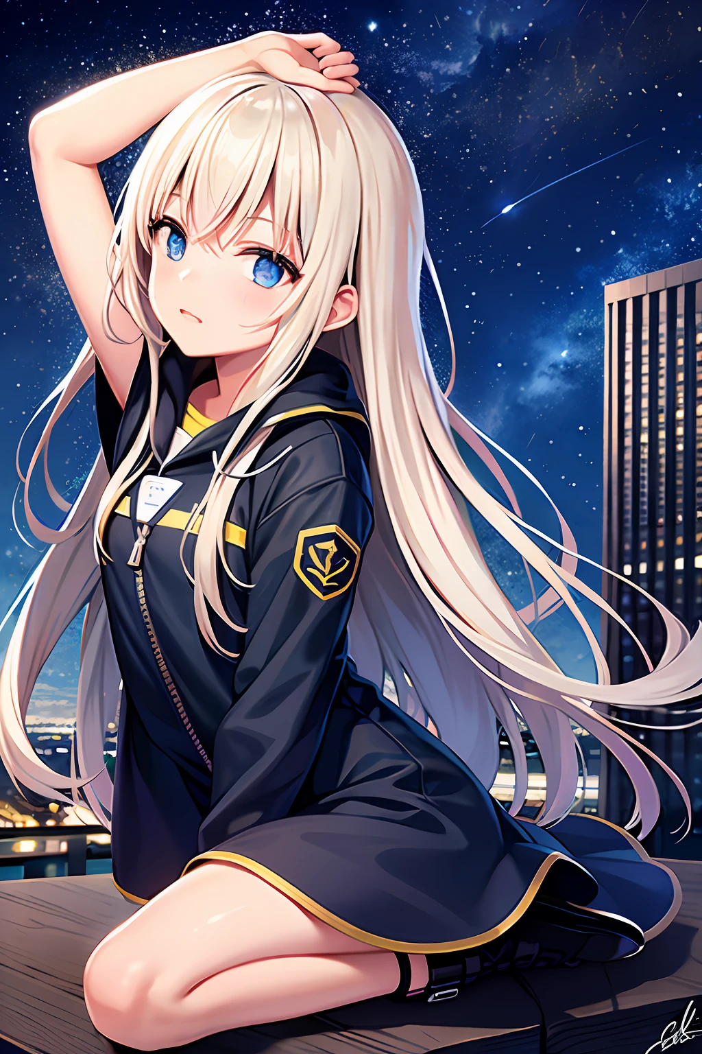 octane, sky, Star (sky), scenery, Starry sky, Night, 1girll, Night sky, Solo, Outdoors, signatures, Building, Cloud, Milky Way, Sitting, tree, Long hair, City, Silhouette, Cityscape