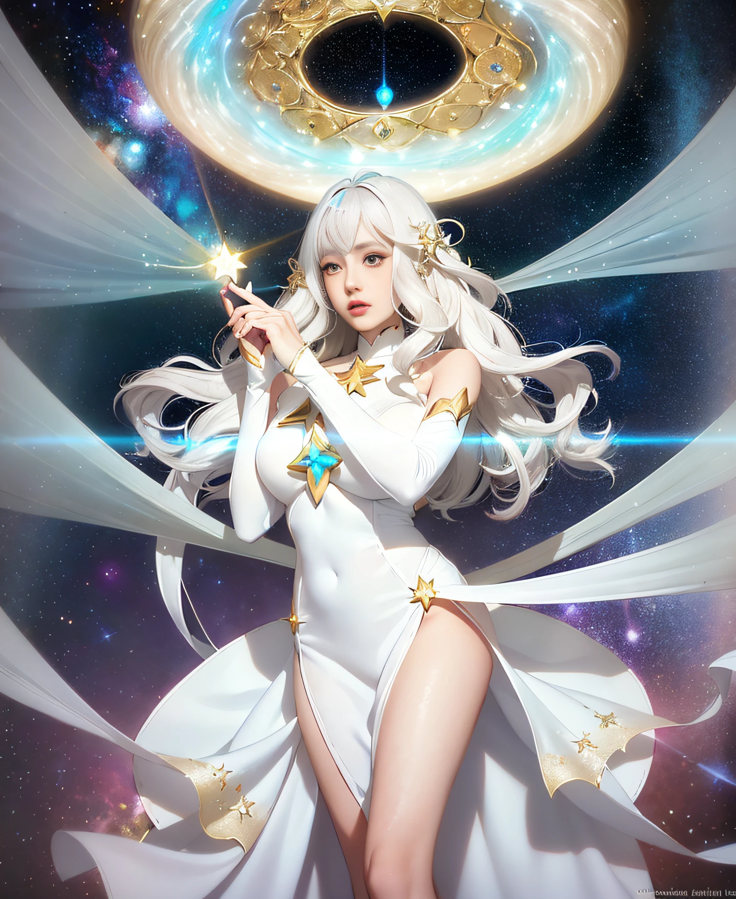 a woman in a white dress holding a star in her hands, white haired deity, goddess of light, long glowing ethereal hair, fantasy art style, anime goddess, celestial goddess, goddess checking her phone, ethereal anime, anime girl with cosmic hair, beautiful celestial mage, ethereal glow, ethereal beauty, ray of light through white hair, goddess of galaxies, moon goddess