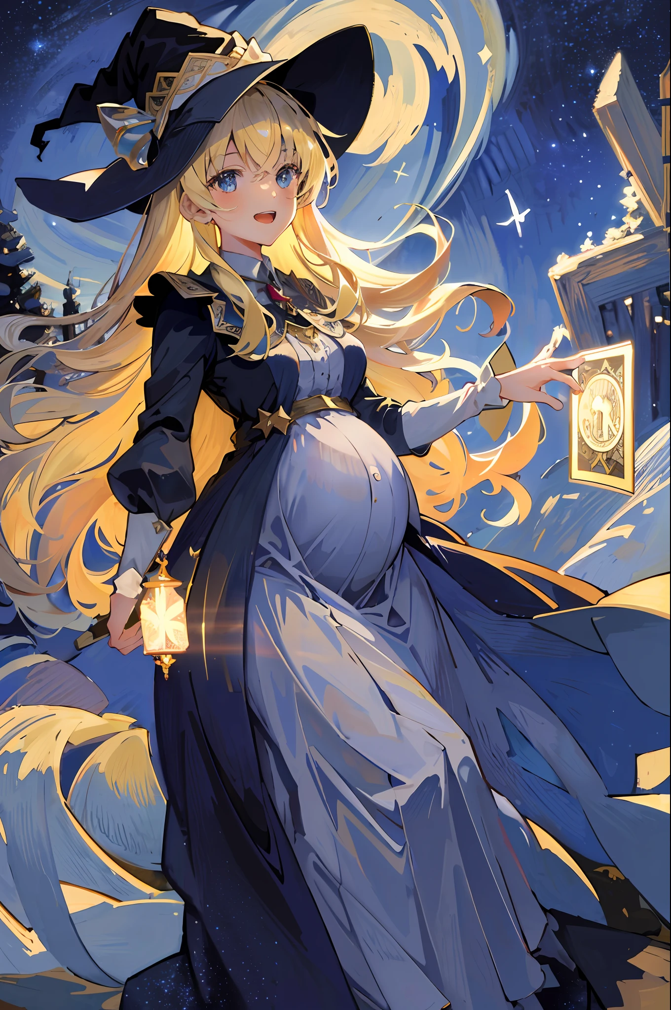 ((Masterpiece:1.2, Best quality)), 1girll, Solo, (Witch hat), Blonde hair, Long hair, dress, aurora, Night, Star (sky), mitts, sky, White dress, Night sky, Open mouth, Starry sky, Blue eyes, ribbon, Very long hair, Red dress, Smile, Hair ribbon, Cape, Blue hair, (Bird), magic, casting spell, Dark clouds, Night, (Impressionism:1.4), (tarot:1.3), Alphonse Mucha,Pregnant belly, maternity attire for pregnant women，maternity dress，pregnant belly，Pregnant belly