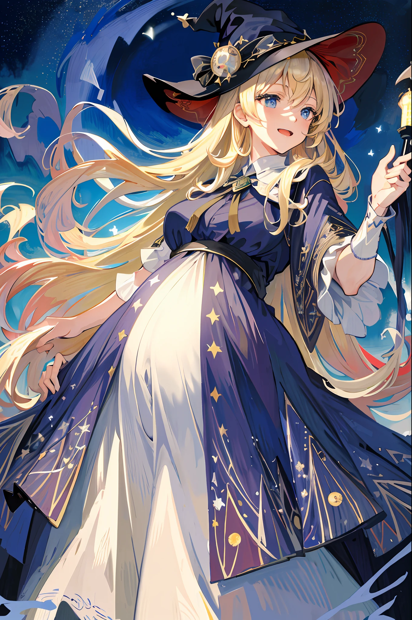 ((Masterpiece:1.2, Best quality)), 1girll, Solo, (Witch hat), Blonde hair, Long hair, dress, aurora, Night, Star (sky), mitts, sky, White dress, Night sky, Open mouth, Starry sky, Blue eyes, ribbon, Very long hair, Red dress, Smile, Hair ribbon, Cape, Blue hair, (Bird), magic, casting spell, Dark clouds, Night, (Impressionism:1.4), (tarot:1.3), Alphonse Mucha,Pregnant belly, maternity attire for pregnant women,maternity dress,pregnant belly,Pregnant belly