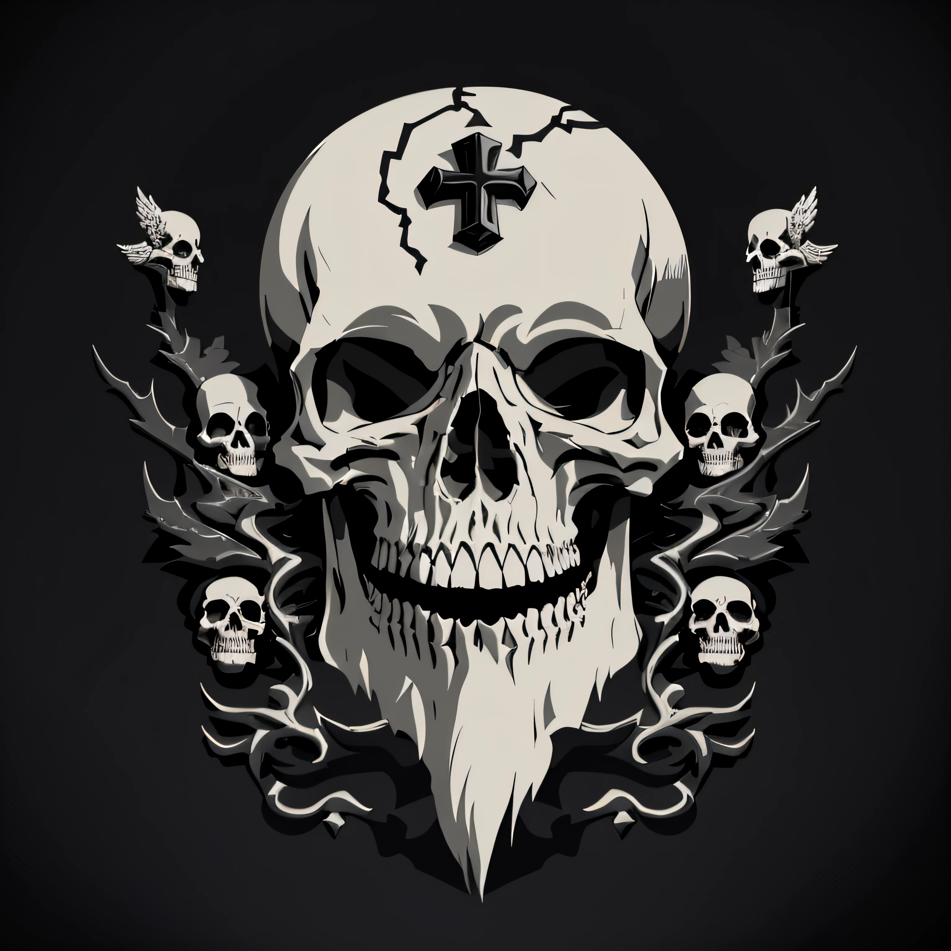 Black and white vectorized drawing of a skull with an ornate beard with roots on a dark background, War skulls, with a crown of skulls, fantasy skull, sacred skull, adorned with skulls of angels and demons, escudo de moto clube, crown of skulls, , skull and bones, morphing skulls, sacred skulls, skulls around, altamente detalhado, Preto e branco, bordado, cruz de cristo na testa