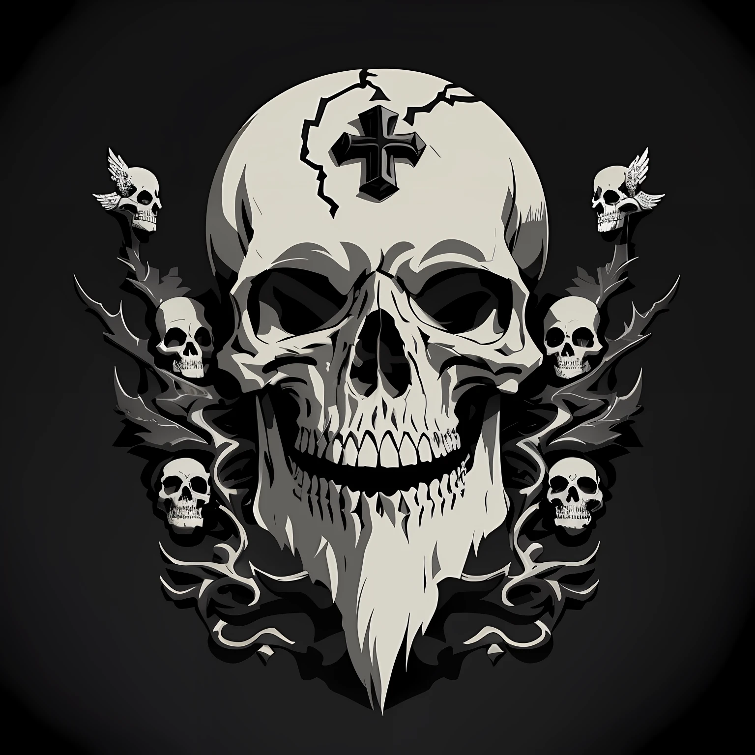 Black and white vectorized drawing of a skull with an ornate beard with roots on a dark background, War skulls, with a crown of skulls, fantasy skull, sacred skull, adorned with skulls of angels and demons, escudo de moto clube, crown of skulls, , skull and bones, morphing skulls, sacred skulls, skulls around, altamente detalhado, Preto e branco, bordado, cruz de cristo na testa