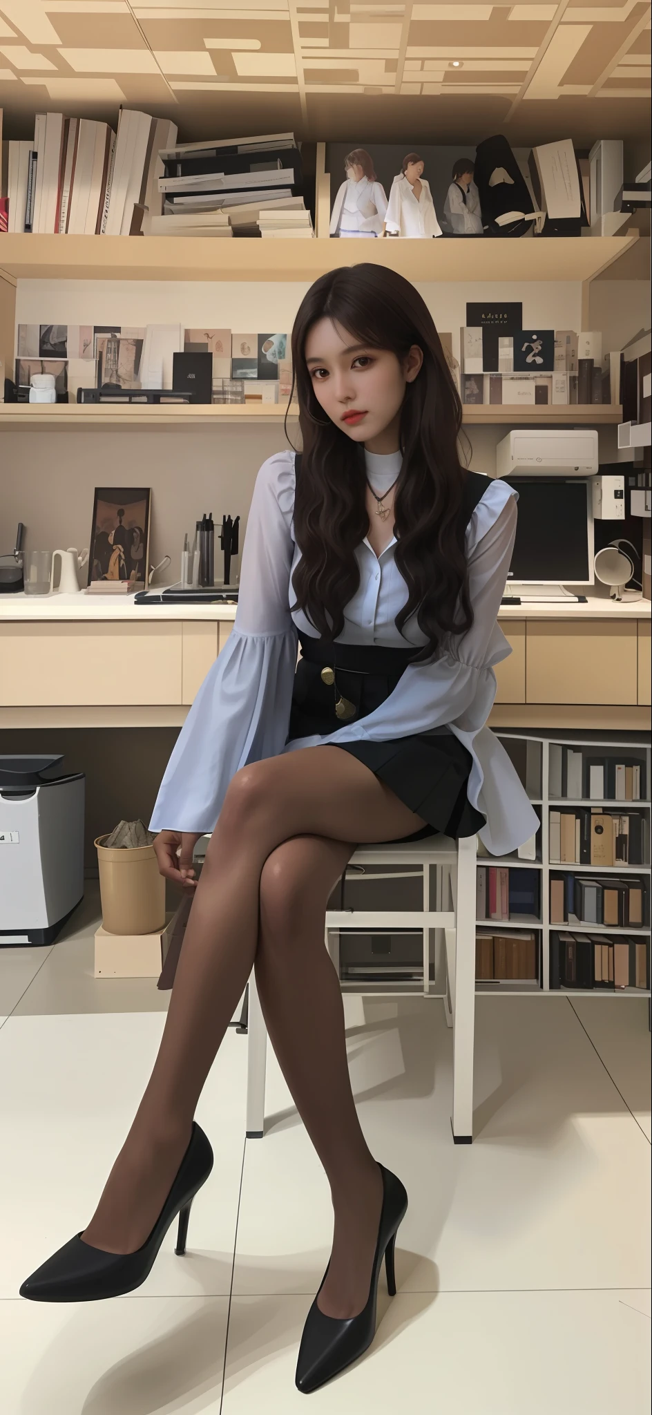 （best qualtiy，A high resolution，tmasterpiece：1.3），A tall and beautiful woman，Dark brown hair in loose wavy styling，nedium breasts，Wear a pendant，white button-down blouse，a black skirt，（Modern architecture in background），Beautifully rendered details in face and skin textures，Detailed eyes，二重まぶた