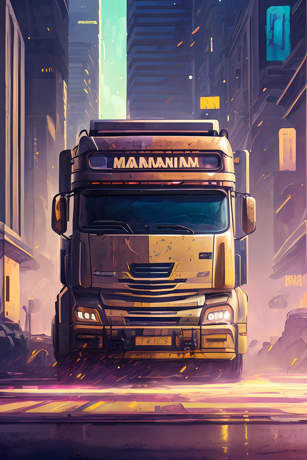 Truck de entrega cyberpunk, fundo de paisagem montanhosa coberta de neve por ilya kuvshinov e annie leibowitz. Synthwave watercolor painting on canvas Trends in Artstation Dramatic lighting Abstract Expressionism Pastel Tones Tones (hd) Golden Ratio Details Aesthetic Octane Rendering Excellent Composition Natural Textures 8K Oil Painting Masterpiece Canon EOS R4S 50