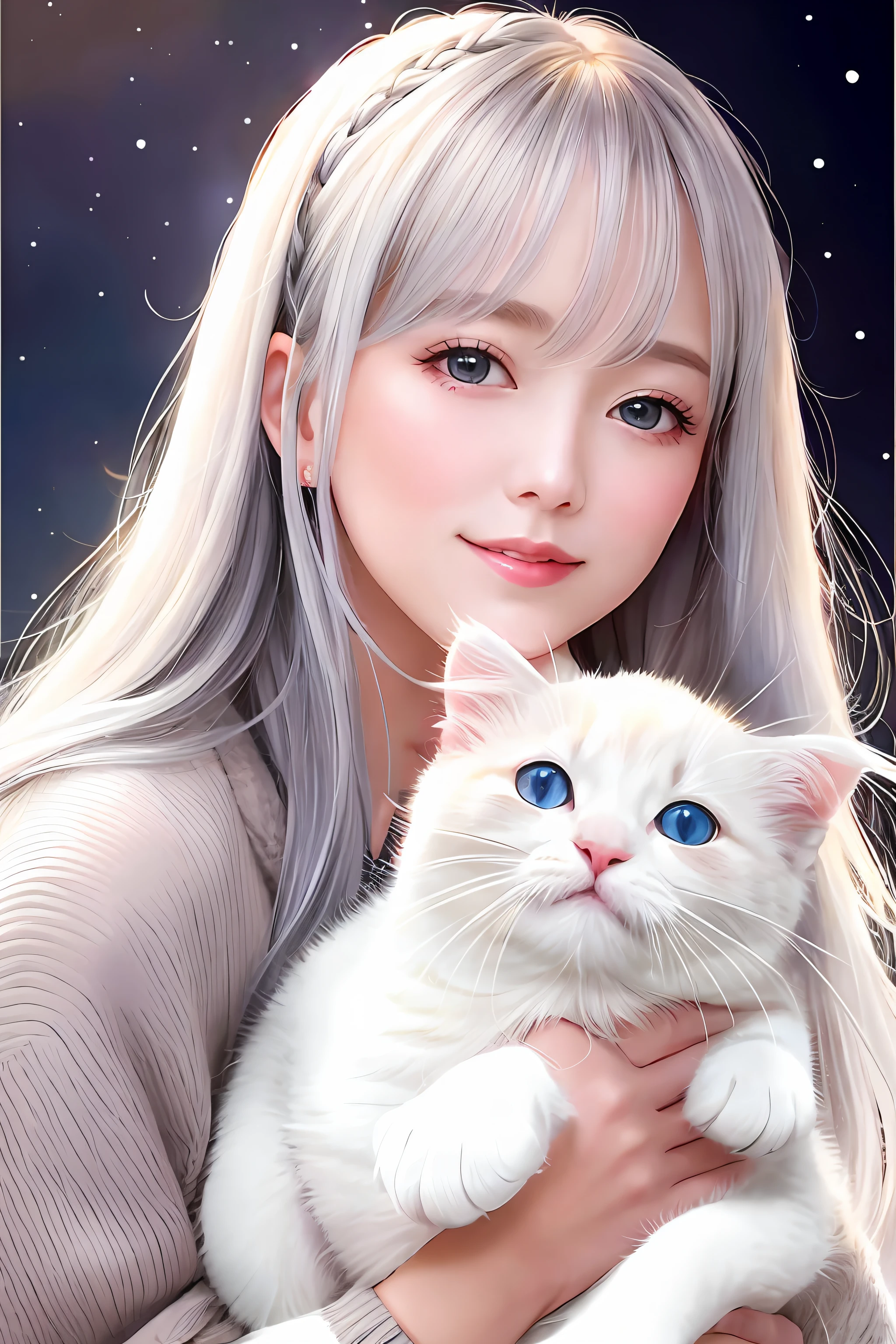 Here is an example of an AI image prompt。:
「Beautiful woman like realistic photo、Has double patchy purple eyes、Smiling gracefully with long silver hair、Generate an image depicting an adorable kitten cuddling scene。The woman's eyes glow dark purple、Long silver hair flutters gracefully in the wind。Kittens with fluffy fur、It's full of cuteness。The background is a bright area with natural light、It's a heartwarming atmosphere。」