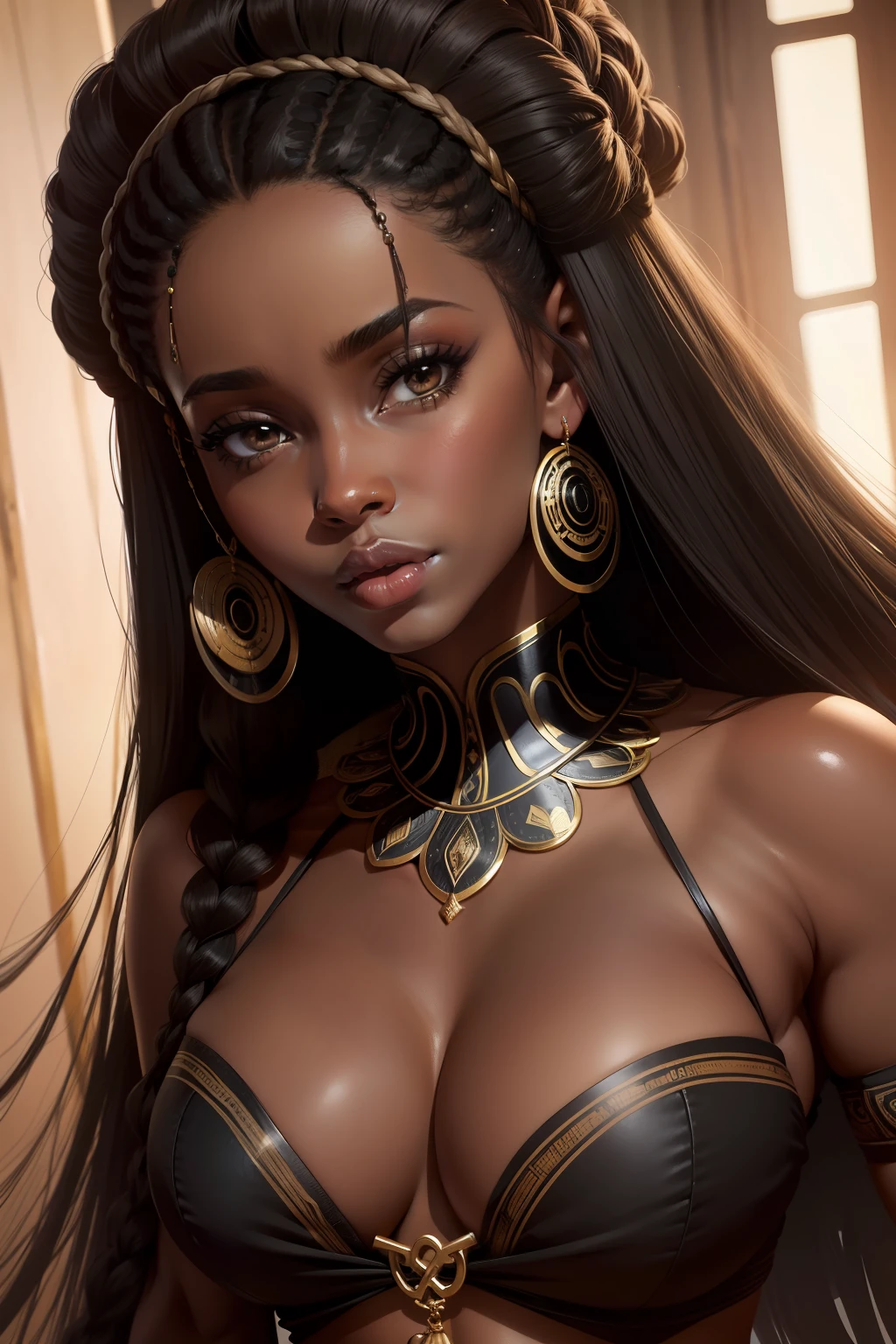 mulher negra adulta + cabelos lisos + cabelos longos + olhos amarelos + africana
