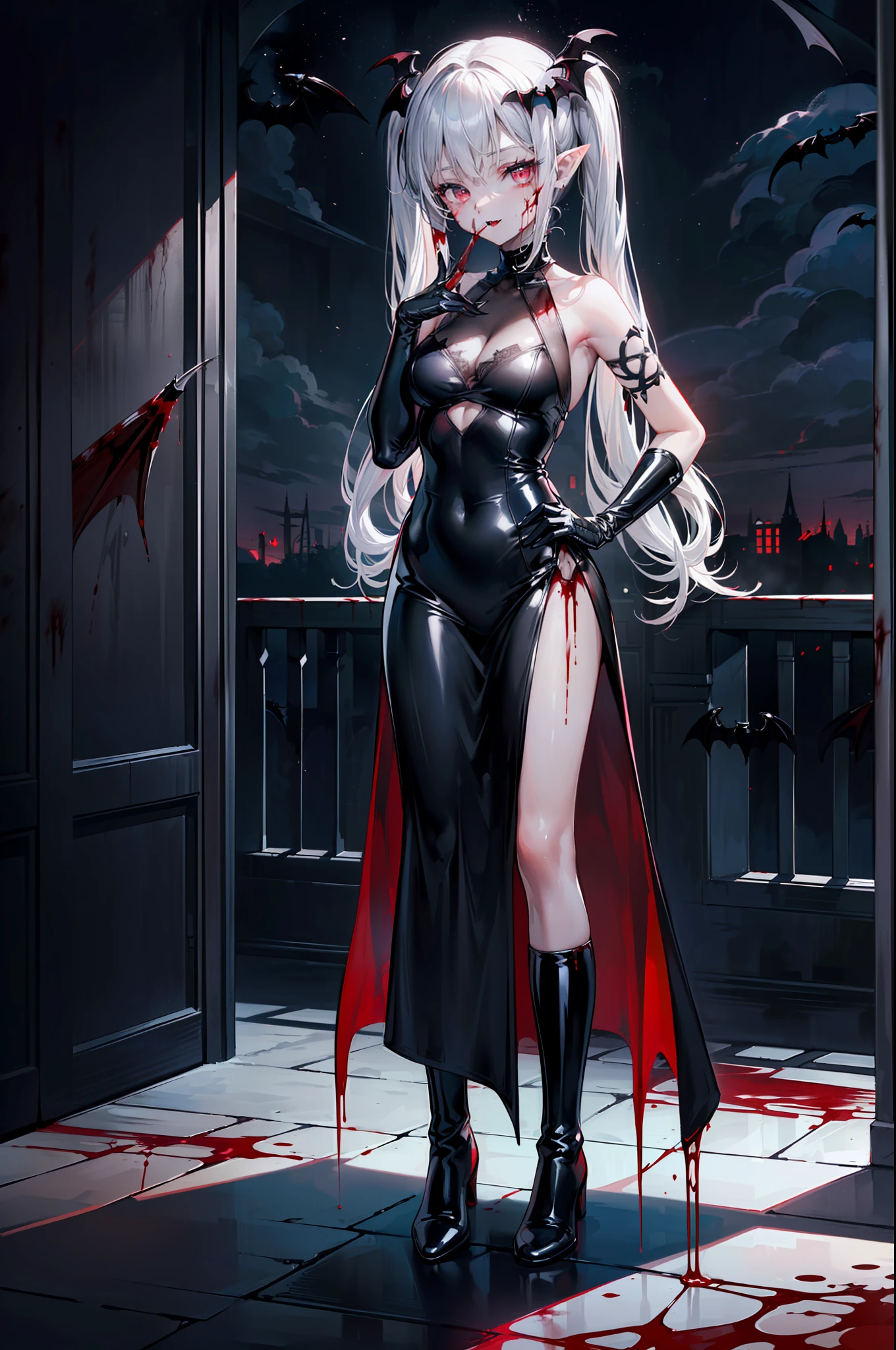 ((masterpiece, best quality, extremely detailed CG, unity 8k wallpaper,anatomically correct,ultra resolution)),Award-winning photography,(best illumination,Very Delicate and Beautiful),(one girl,solo,li:1.5),(Vampire:1.5),silver hair,(twintails:1.2),glowing red eyes,pale skin,(extremely beautiful and detailed face:1.2), (extremely beautiful and detailed eyes:1.2),perfect hands,delicate legs,((bat hair ornament)),(casual,fashion),pointy ears,((gown:1.45,latex boots,black leather gloves)),looking at viewer,hand on hip,head tilt,smiling,dark persona,evil,(cute:1.5),((night, dark atmosphere, dark theme, darkness:1.5)),dramatic shadows,(dimly lit:1.5),blood on face,blood on floor, blood on walls,(blood mist,blood splash:1.4),depth of field,(Bustling city:1.2,park:1.3,crowds of people:1.2), cloud, full moon, moon, moonlight, night sky, outdoors, blood moon, sky, star sky, starry sky,(perfect human body structure with maximum precision)