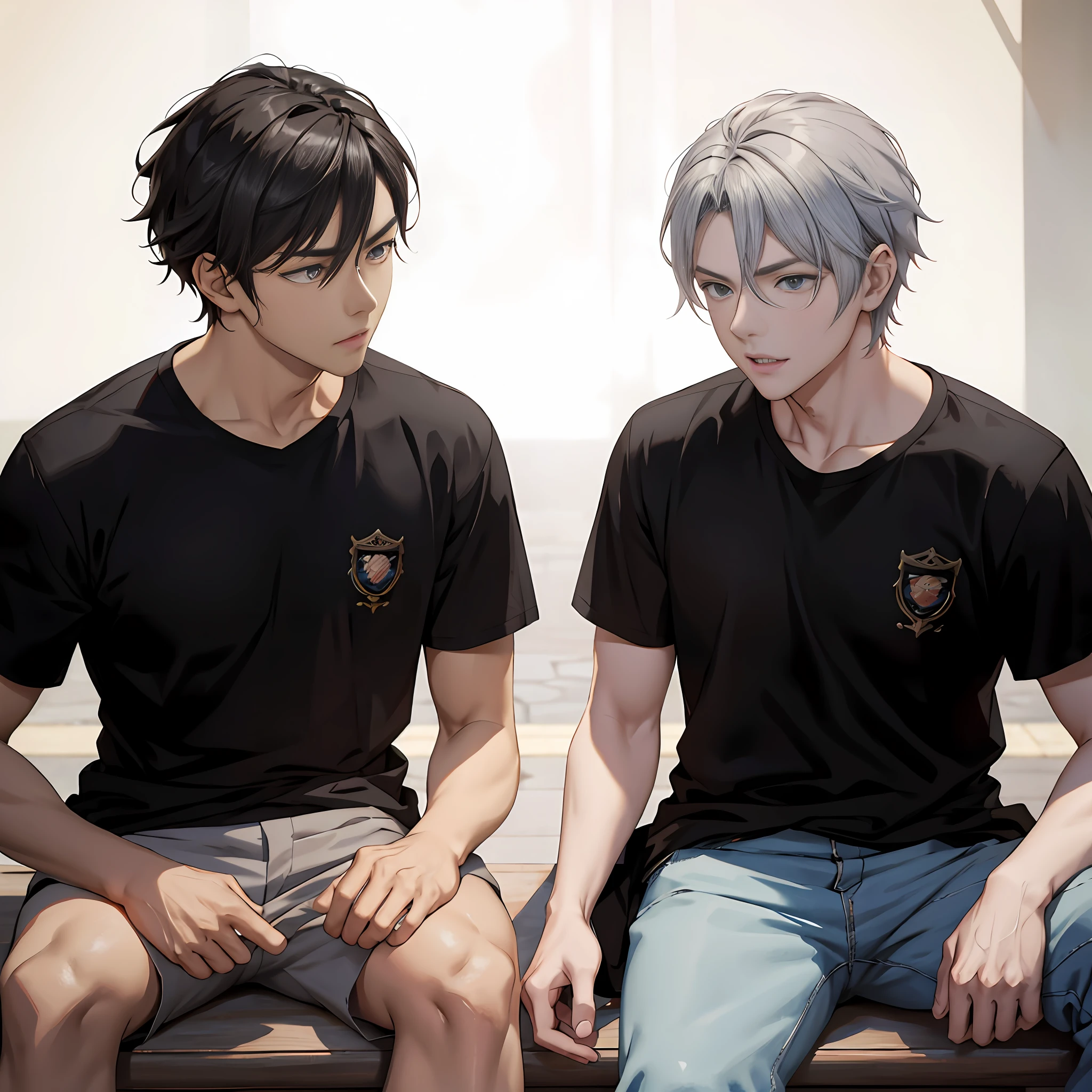 They are sitting together on a bench in black shirts..., conversando hablando Dos hombres guapos de anime, Obras de arte al estilo de Guweiz, Petros y Leonid, Fanart oficial, Jin Shan y Ross Tran, Nixeu y Sakimichan, Ross Tran y Bayard Wu, Hermosa pose de anime, official studio anime still, Wlop y Sakimichan