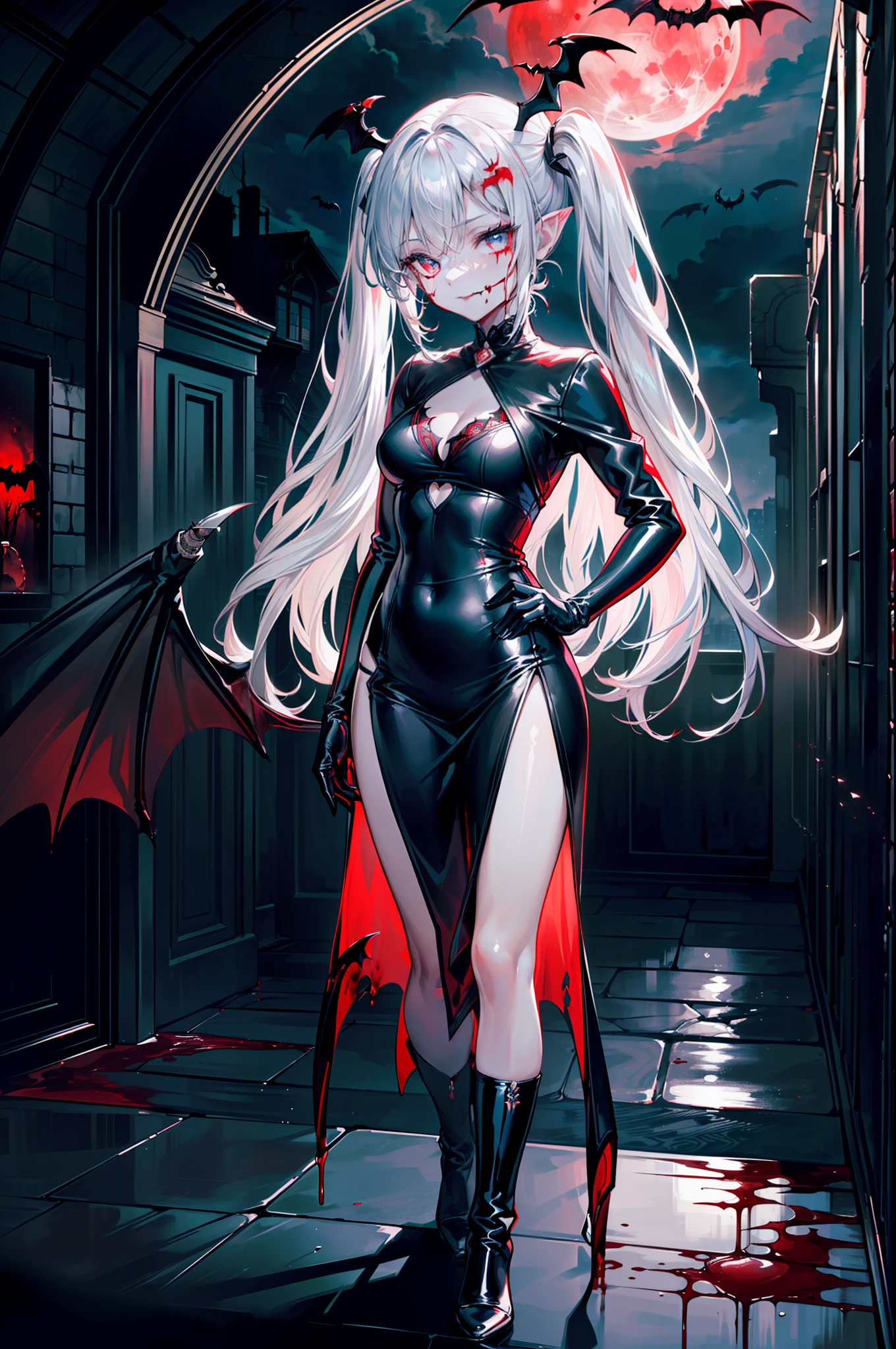 ((masterpiece, best quality, extremely detailed CG, unity 8k wallpaper,anatomically correct,ultra resolution)),Award-winning photography,(best illumination,Very Delicate and Beautiful),(one girl,solo,loli:1.5),(Vampire:1.5),silver hair,(twintails:1.2),glowing red eyes,pale skin,(extremely beautiful and detailed face:1.2), (extremely beautiful and detailed eyes:1.2),perfect hands,delicate legs,((bat hair ornament)),(casual,fashion),pointy ears,((gown:1.45,latex boots,black leather gloves)),looking at viewer,hand on hip,head tilt,smiling,dark persona,evil,(cute:1.5),((night, dark atmosphere, dark theme, darkness:1.5)),dramatic shadows,(dimly lit:1.5),blood on face,blood on floor, blood on walls,(blood mist,blood splash:1.4),depth of field,(Bustling city:1.2,park:1.3,crowds of people:1.2), cloud, full moon, moon, moonlight, night sky, outdoors, blood moon, sky, star sky, starry sky,(perfect human body structure with maximum precision)