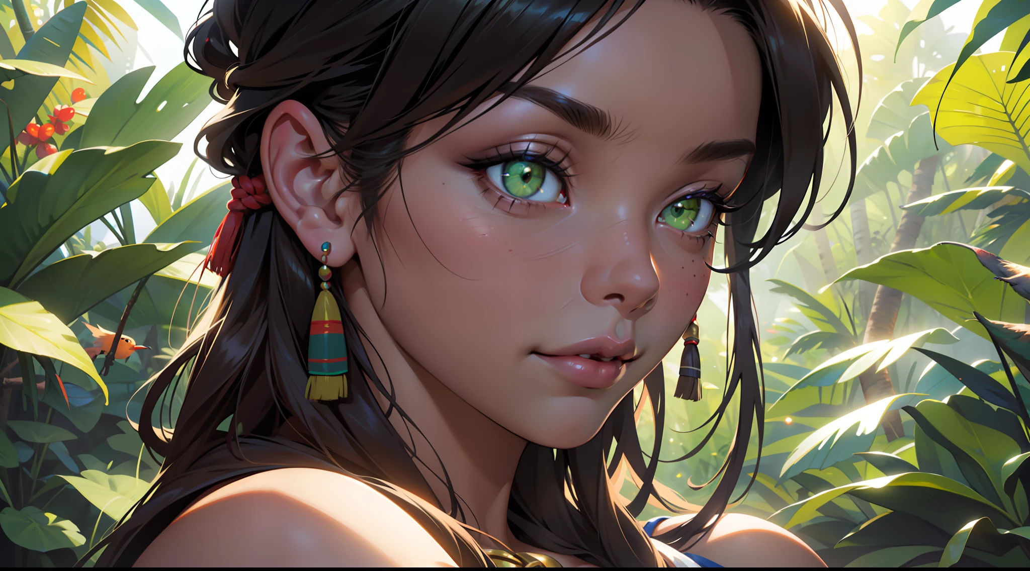 official art, unity 8k wallpaper, ultra detailed, aesthetically pleasing, High quality, masterpiece, best quality, Inca, Inca girl with big breasts, green eyes, red top, in the peruvian jungle, birds, digital painting, gorgeous face, beautiful realistic face, ultra realistic digital art, ultra-realistic digital art