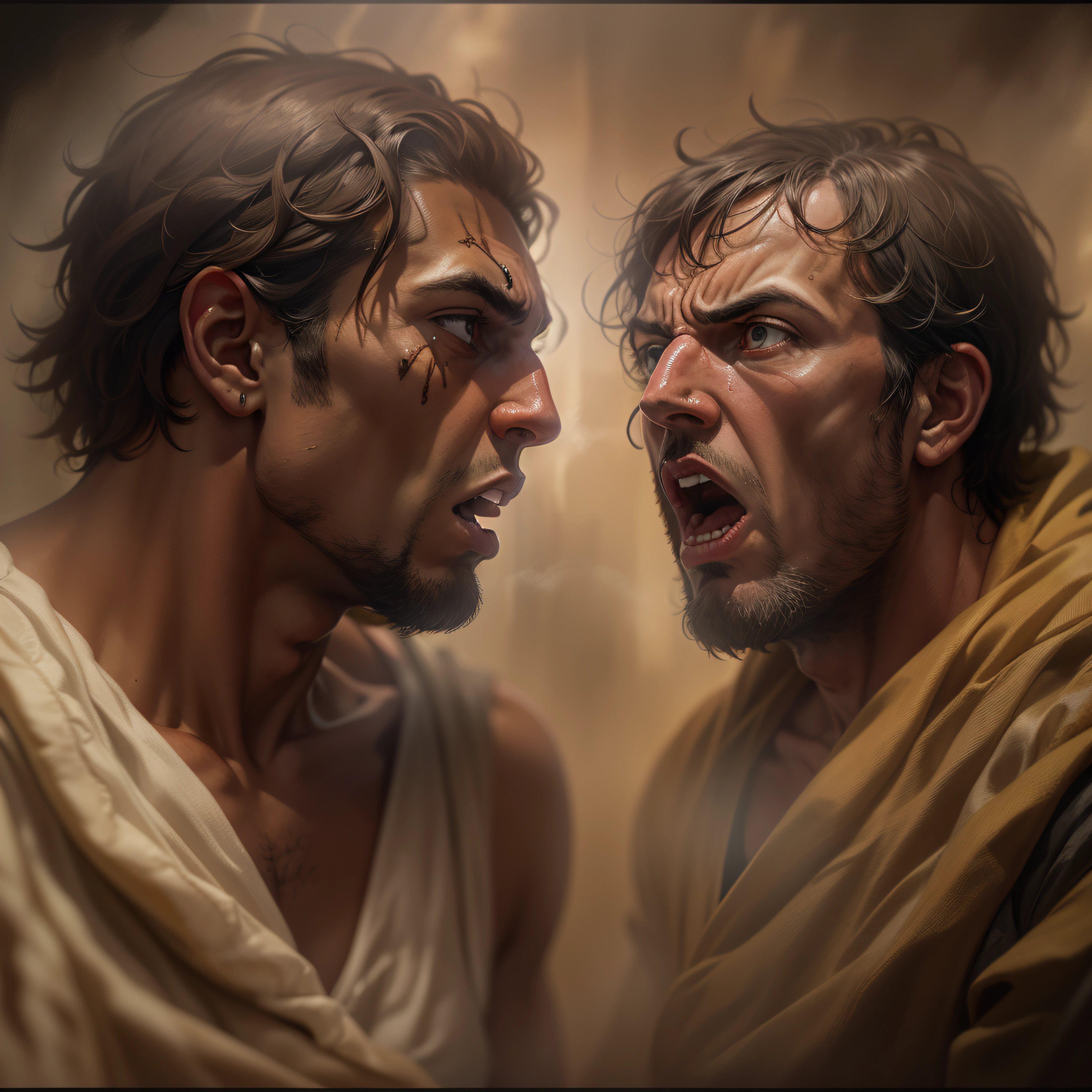 Imagem intensa e hostil retratando a rivalidade entre Caim e Abel, Two brothers of the biblical narrative. Facial expressions of anger and envy in both, reflecting your negative emotions. Cores e sombras criando atmosfera tensa e hostil. Symbolic Elements, como cajado e oferendas sacrificiais, ressaltando as origens da rivalidade. Possible physical or verbal competition, enfatizando sua natureza agressiva. Narrative details that precede fratricide, such as the moment before the murder or the presence of an object that will become the weapon of crime. Focus on the intensity of the rivalry and emotional conflicts between siblings before the tragedy that will change their lives.