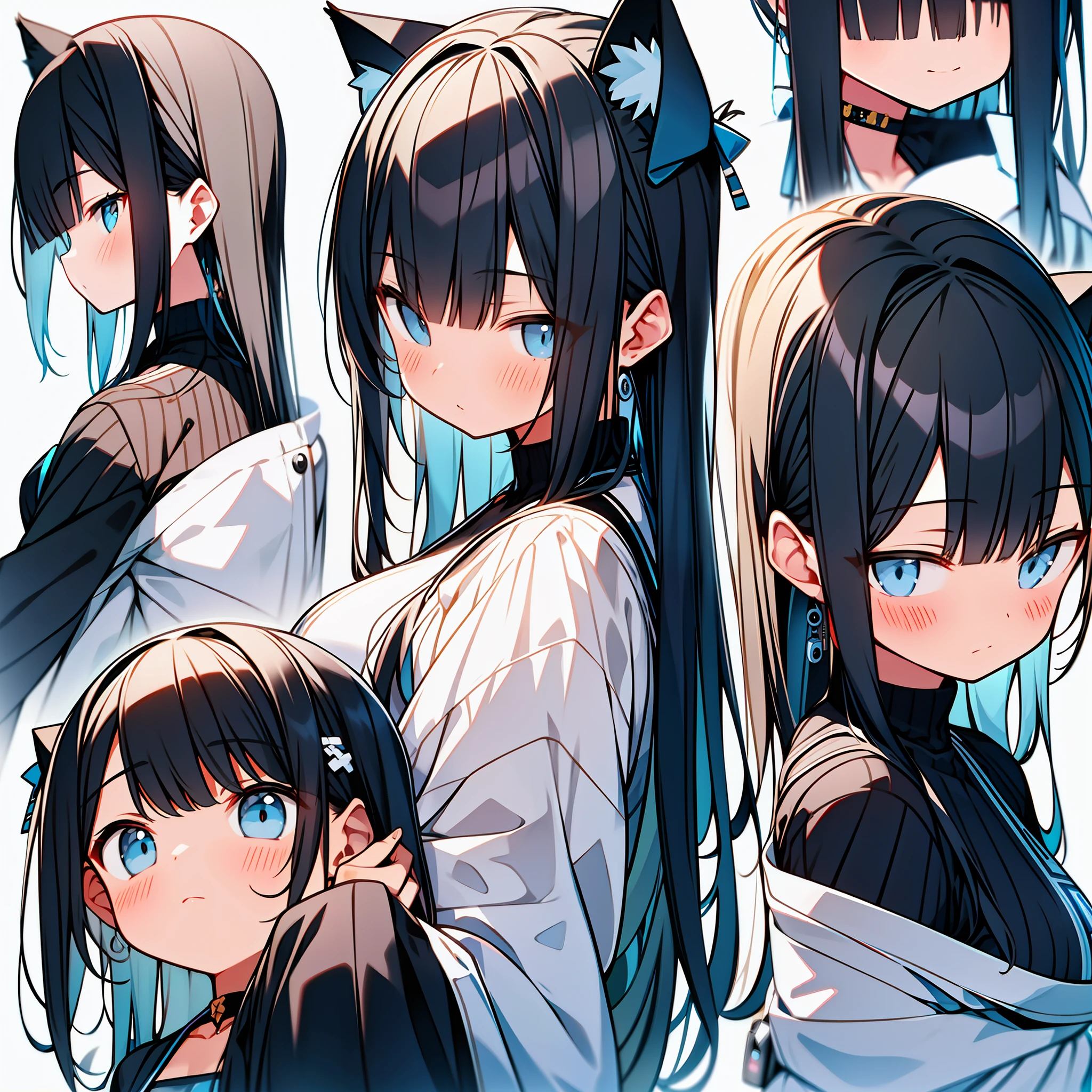Cat ears girl wearing headphones various black and white clothing designs,3×3 format image,A set of illustrations,The spacing between each element is equal,There is no overlap,Old memo kernel,Two image views,namely the frontview、the sideview、white backgrounid、Different image views ,organic shapes and lines,illustratio,Flat illustration style,Flat illustration style,danish design"