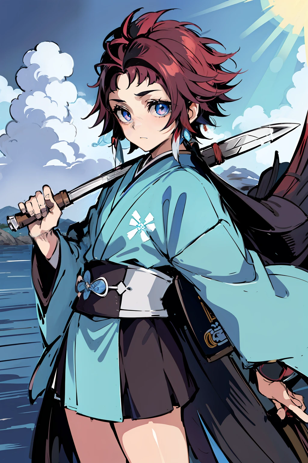 obra-prima, melhor qualidade, 1boy, Demon Slayer art, kimono preto, haori azul com nuvens brancas, roupas japonesas, cabelo longo, cabelo do Tomioka, mangas_longas, pele branca, cabelo preto com mechas vermelhas. Homem, It has blue eyes that are always shining. Veste um kimono totalmente preto e um Haori decorado com nuvens brancas, uniforme. Segurando uma espada de cor azulada, Blue blade, glistening water, Water power, water breath