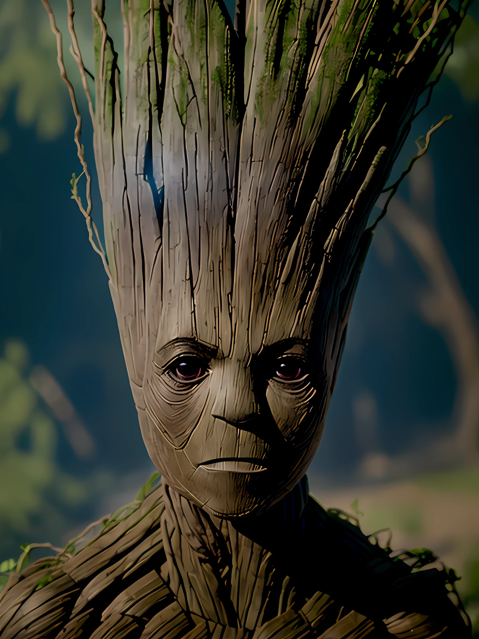 ((Groot is a fictional character in Marvel Comics. )), auto retrato hiper-realista, 8k UHD, DSLR, grain of film, fotorrealista, Fujifilm XT3, Arte MidJourney,  ((autoretrato do rosto frontal))