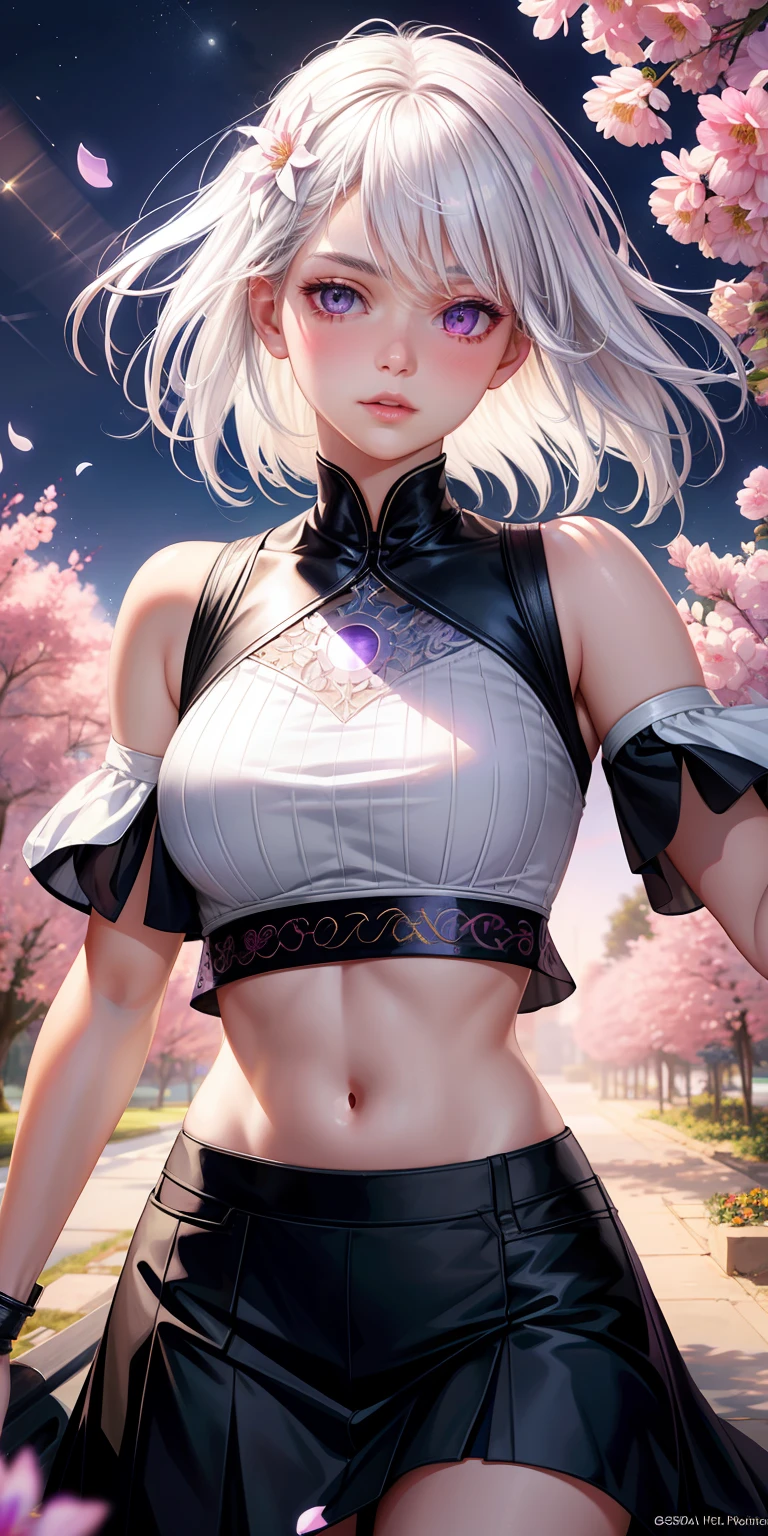 realistic, 1girl, white hair, purple eyes, glowing eyes, crop top, skirt, parted lips, blush, night, flowers, sun, sunlight,