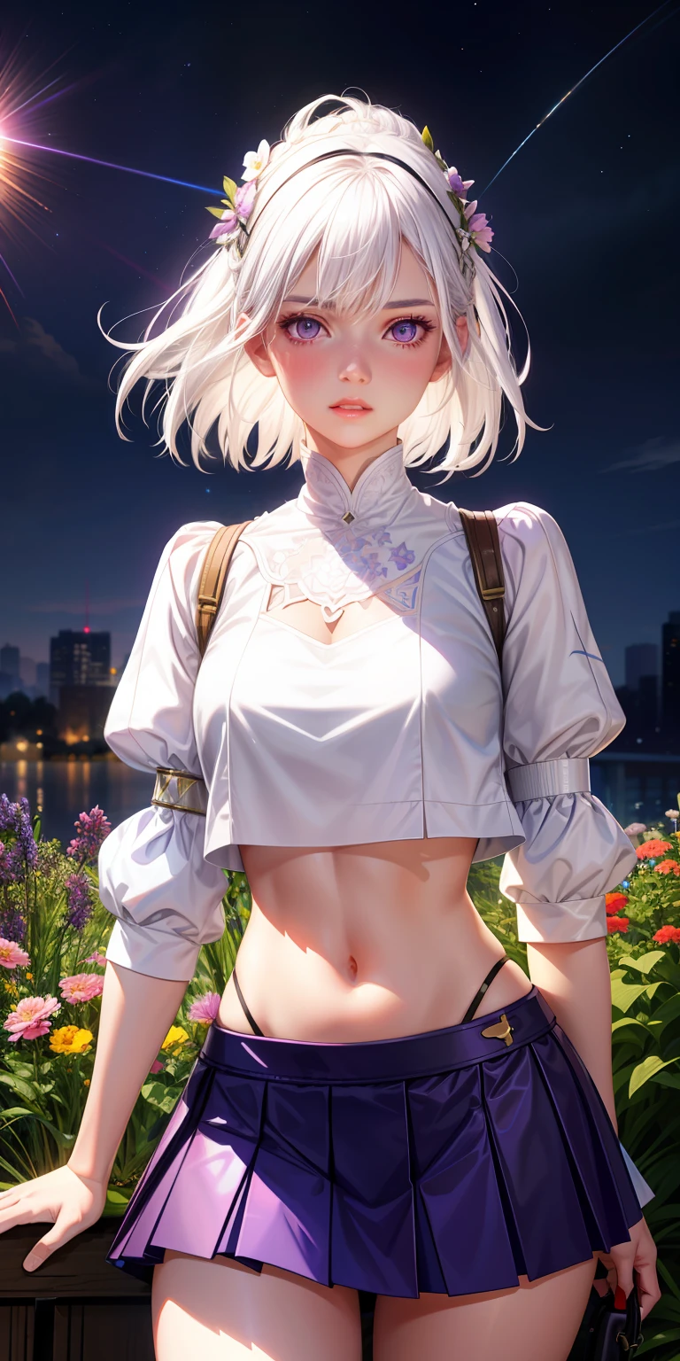 realistic, 1girl, white hair, purple eyes, glowing eyes, crop top, skirt, parted lips, blush, night, flowers, sun, sunlight,