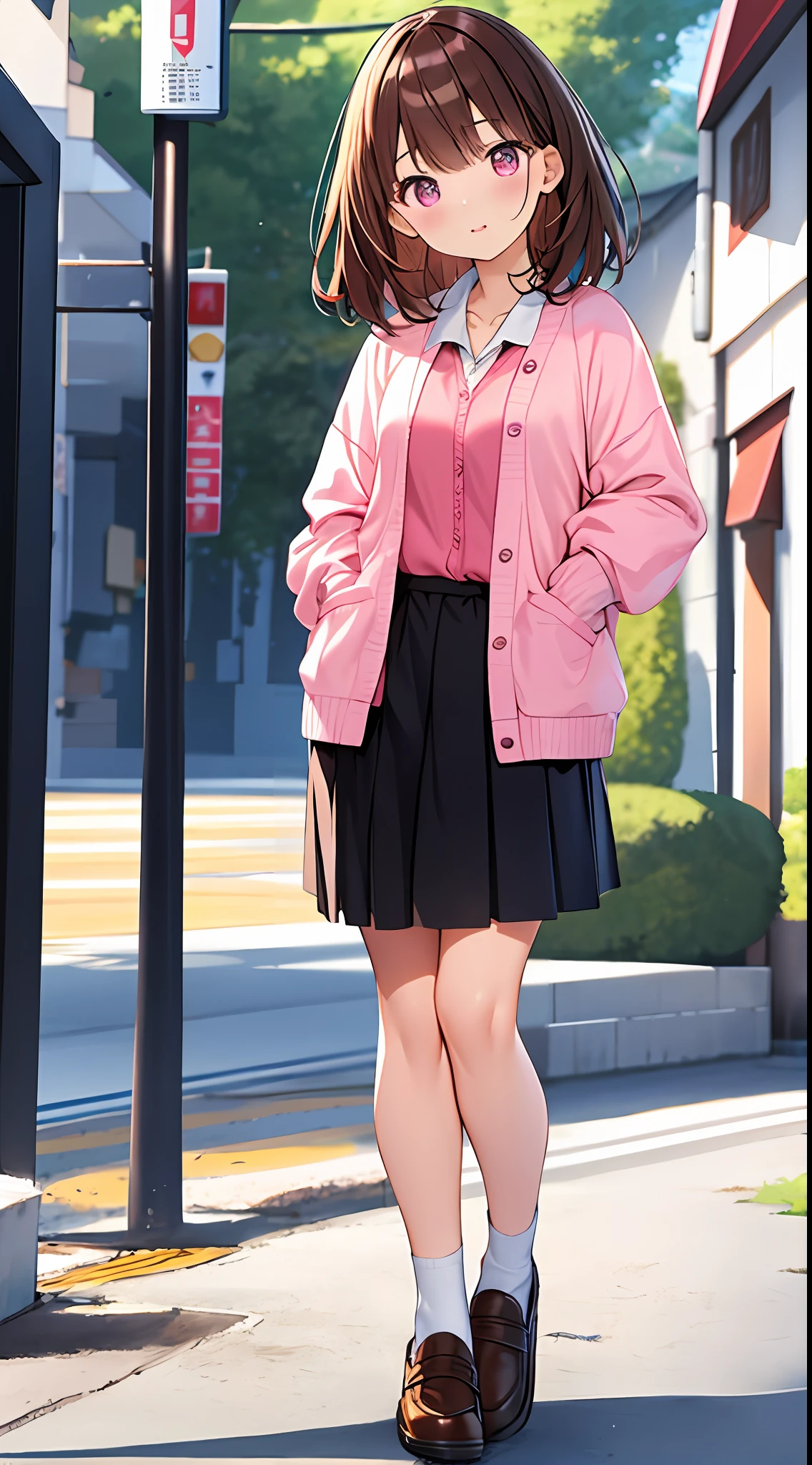 Standing Picture、white backgrounid、From head to foot、​masterpiece、Top image quality、top-quality、Brown hair、Medium hair、Pink eyes、校服、cardigan