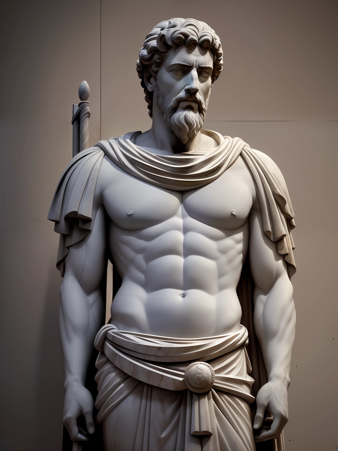 a statue of Marcus Aurelius, Imperador de Roma, Pose de autoridade e serena, trunk and head ( fundo escuro), Clint Cearley, Arnold render, a marble sculpture, (cinematografic:1.4), slate grey atmosphere, hiperdetalhada, tons suaves, detalhes insanos, baixo contraste,