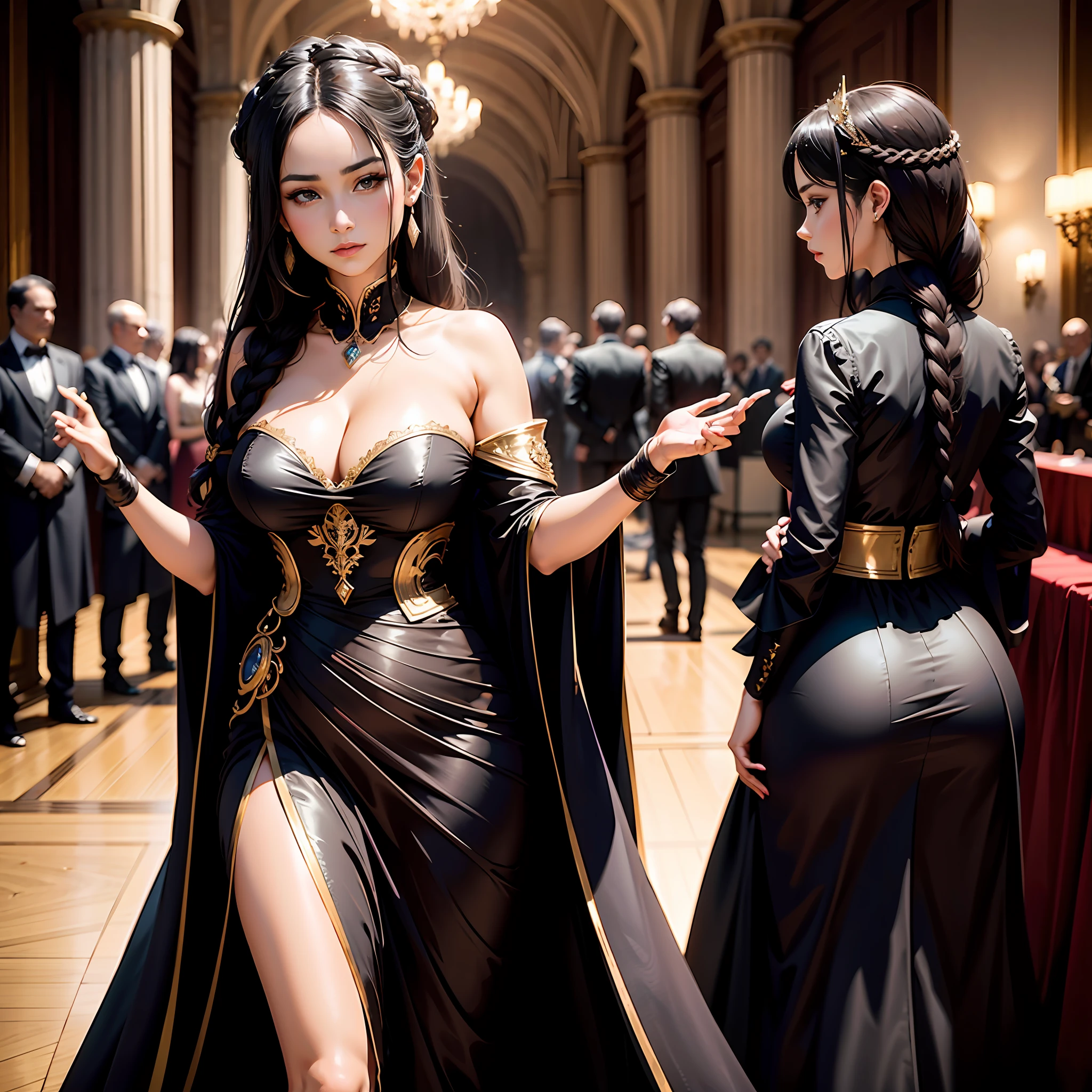A beautiful girl in a fancy evening dress stands at the banquet,Black long,Long hair and waist,There were several banquet girls beside him, each with one appearance,Ji Shifa,French braids, move chart, Atmospheric perspective, Cinematic lighting, tmasterpiece, Textured skin,Hair as fine as silk,Every hair is clear,Red band,Photo level,wide angles,entire body image,Large breasts,Larger bust,Seductive eyes,Charming temperament,Emperor's Great Hall!