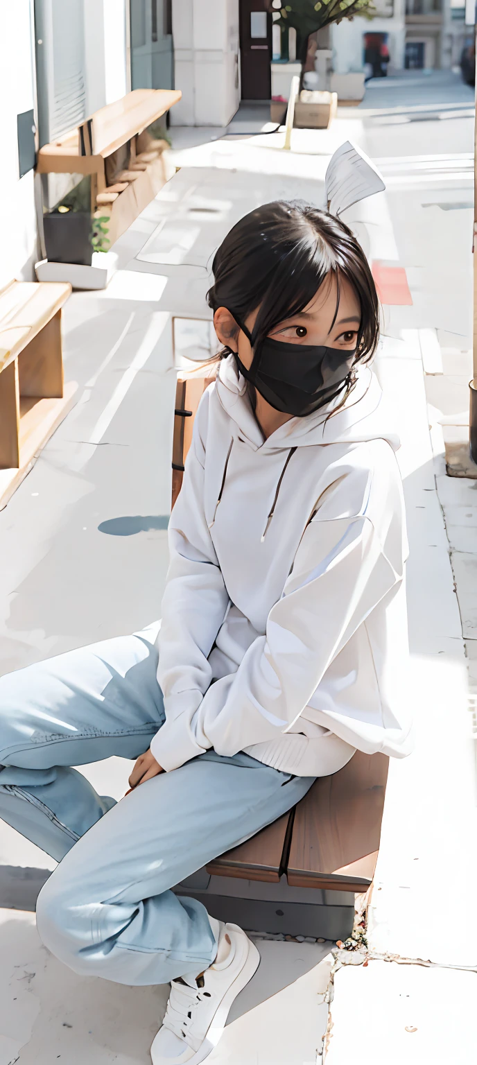 The woman sitting on the bench wore a mask and a white sweatshirt, girl wearing hoodie, wearing face mask, sakimichan, black haired girl wearing hoodie, wearing an oversized hoodie, She is seen wearing streetwear pieces, Wearing an all-black door wave mask, [ Realistic photo ]!!, Wearing a mask, with a covered face, chiho, ulzzangs, wearing hoodie, masked，Look behind you