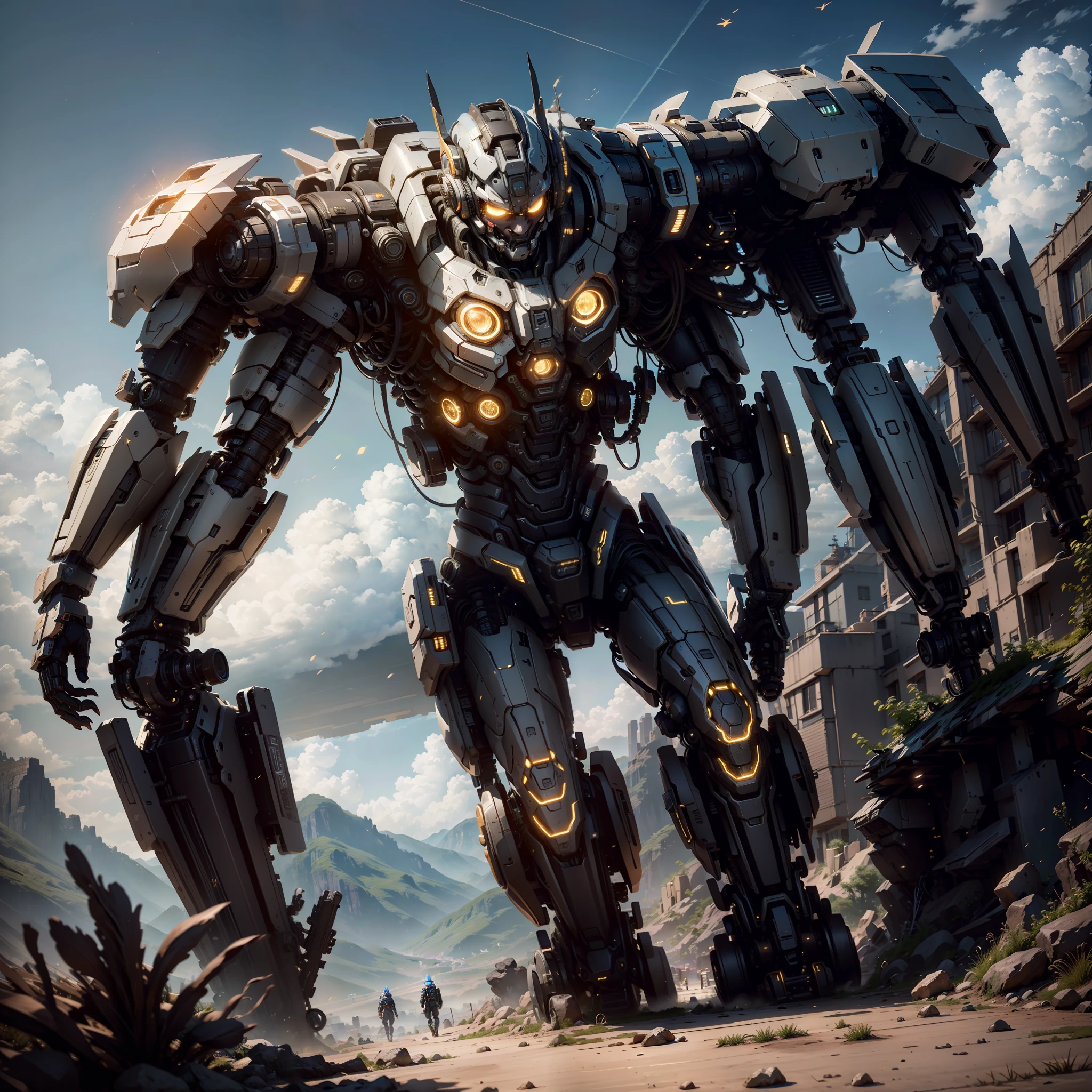 ((top-quality)), ((masterpiece)), (ighly detailed:1.3), 3D, shitu-mecha, Ruins of the forgotten war city、cyberpunked、Handsome Male Warrior, Blue hair, sci-fi technology, HDR(HighDynamicRange), Ray traching, nvidia RTX, Hyper-Resolution, Unreal 5, sub-surface Scattering, PBR Texture, post processed, Anisotropy Filtering, depth of fields, Maximum sharpness and sharpness, multi-layer texture, Albedo Specular Mapping、Surface Shading、High-precision simulation of light-material interaction、Totally than、octane renderings、Duotone Lighting、Low ISO、White Balance、thirds rule、Wide diameter、8K RAW、high efficiency sub-pixel、sub-pixel convolution、Luminescent particles、light scattering、Tindall Effect
