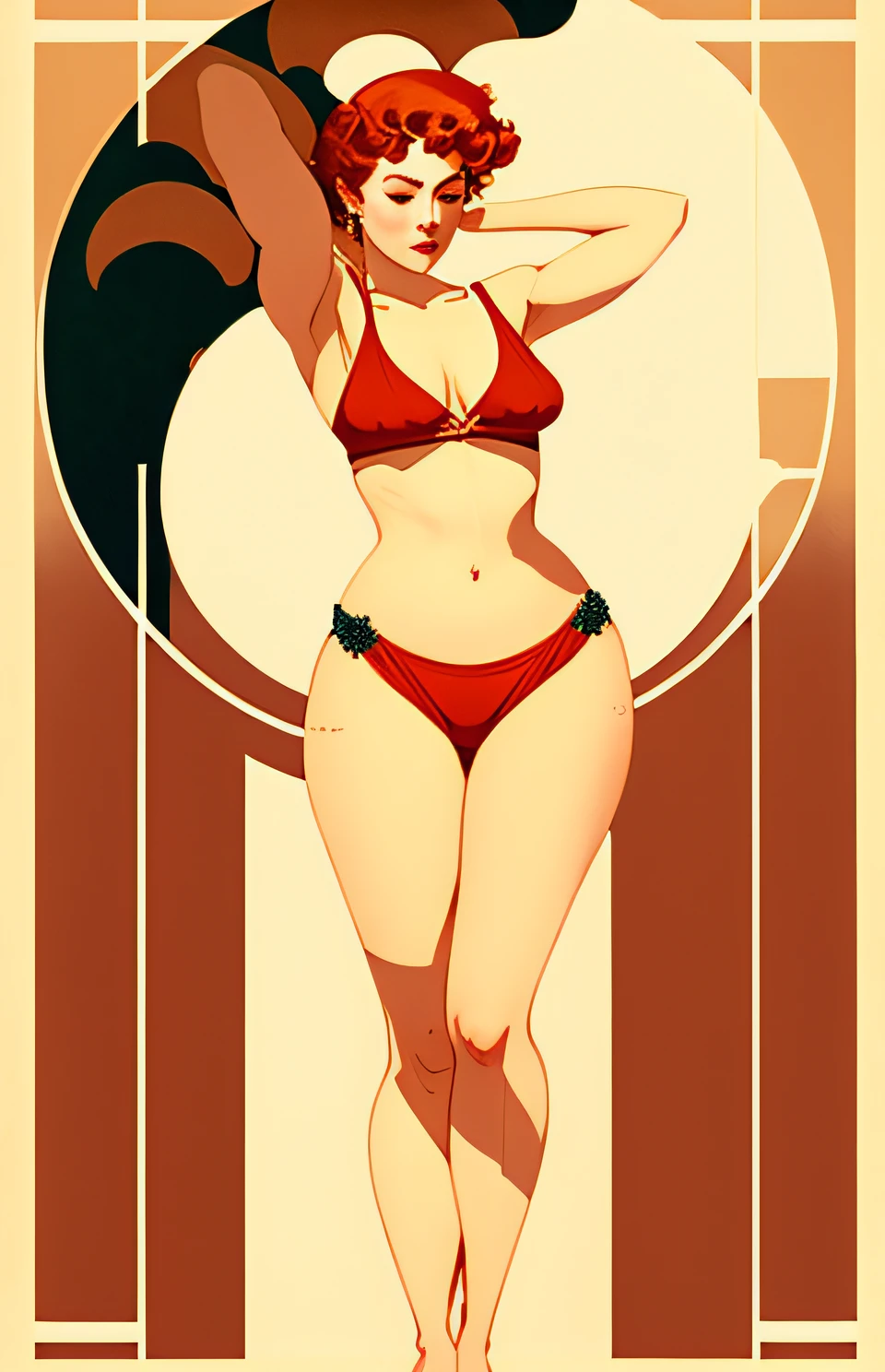 a drawing of a woman in a bikini top and shorts, pin up, pin-up, pin - up, pinup art, inspired by Raphael Kirchner, pinup, girl pinup, pin up girl, anna dittmann alberto vargas, sachin teng, by Yoshihiko Wada, pin - up girl, inspired by Takato Yamamoto, style of takato yamamoto