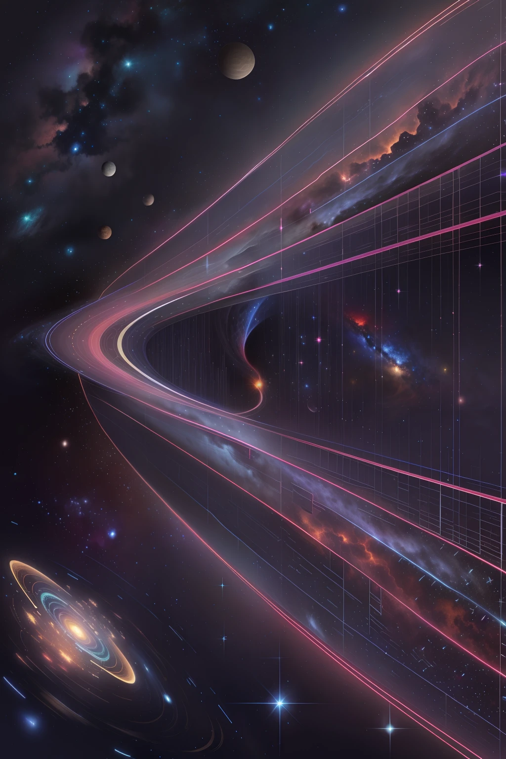 The vast universe is dotted with stars, and an interstellar ship sails through the universe