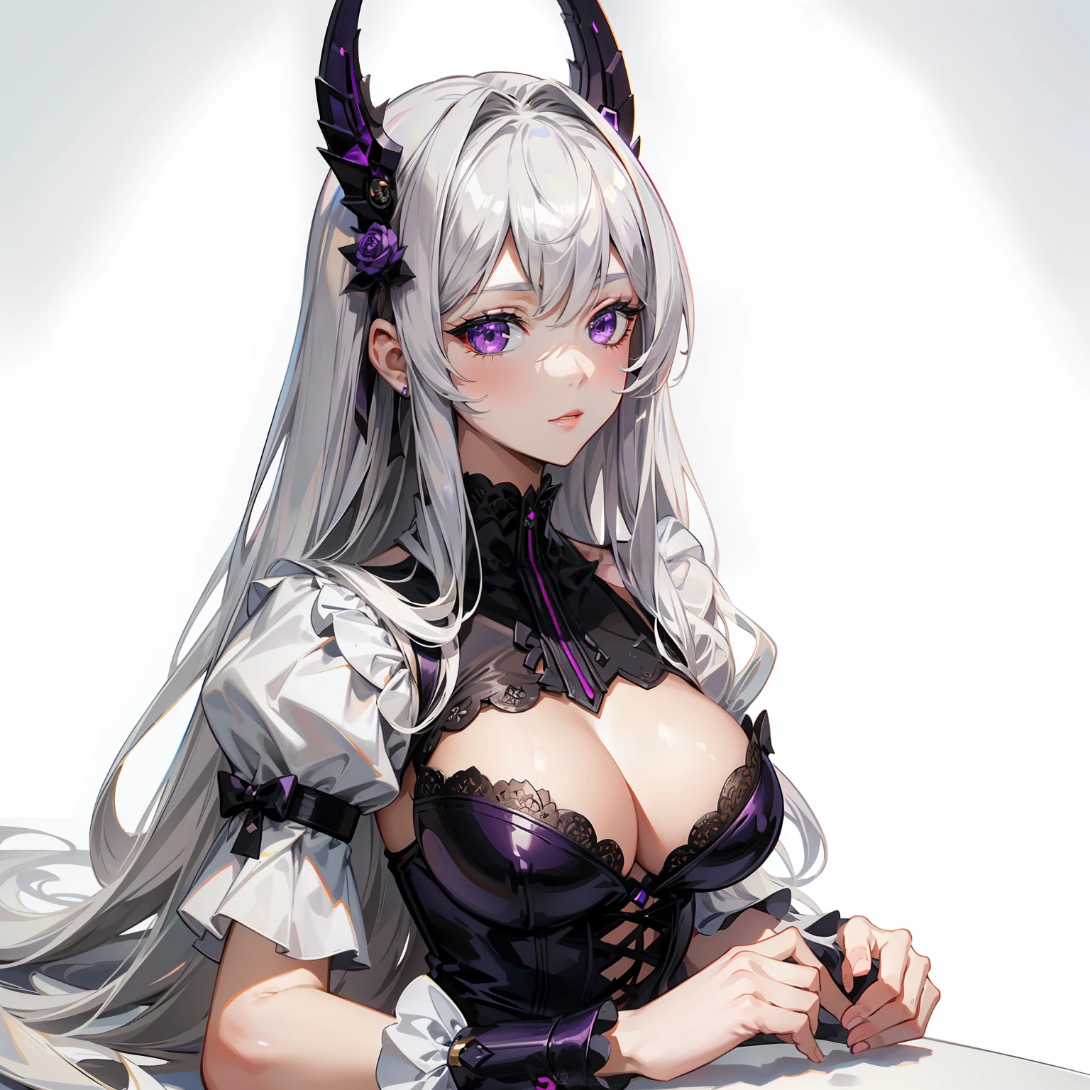 best qualtiy，highly  detailed，tmasterpiece，ultra - detailed，（Realistis：1.2），1girll，（white backgrounid），simplebackground，Elaborate Eyes，Silver hair，a purple eye，hair_ornament，（），long whitr hair，，hair straight，（++Sat down：1.2），big cleavage breasts，Lolita prostitute