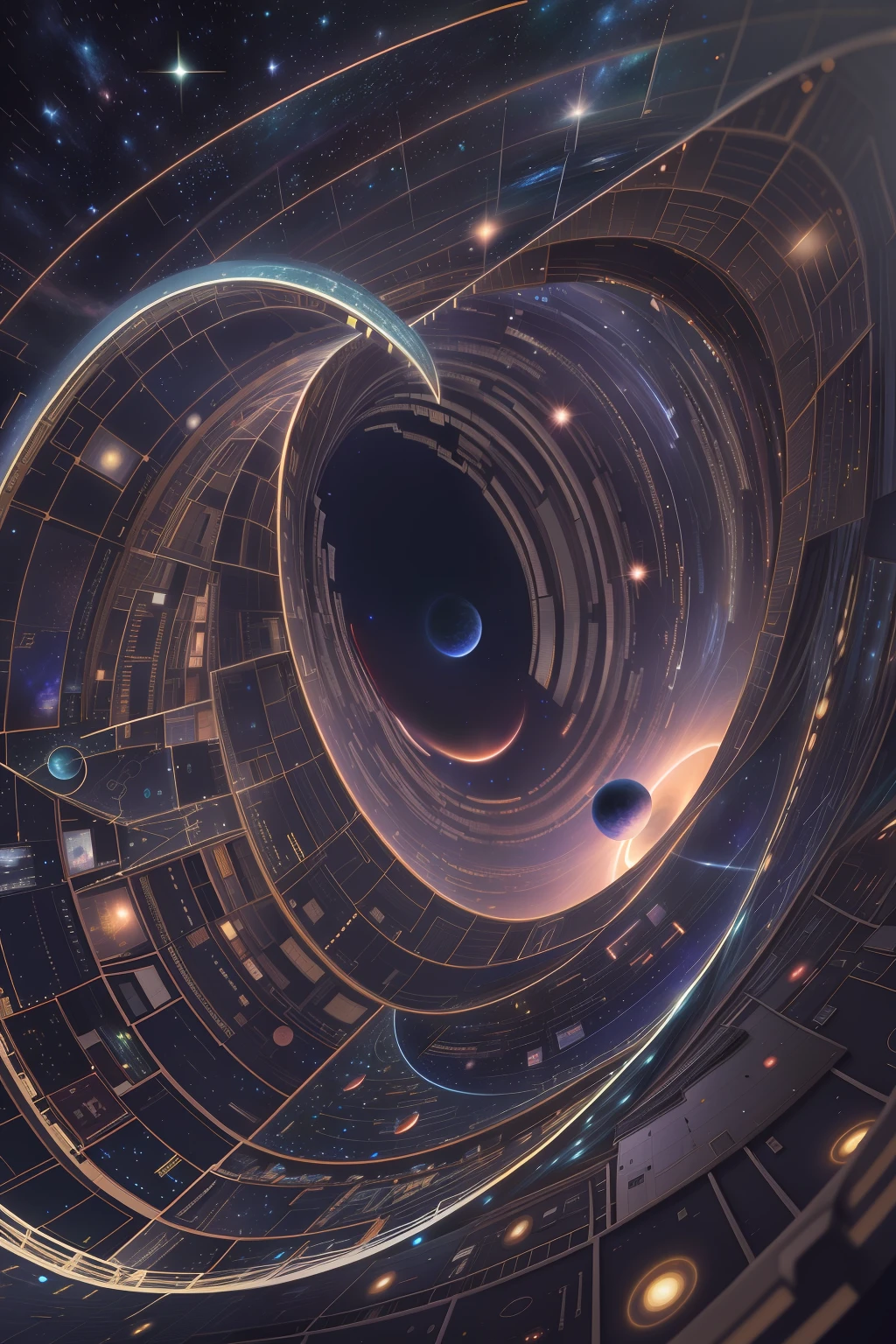 The vast universe is dotted with stars, and an interstellar ship sails through the universe