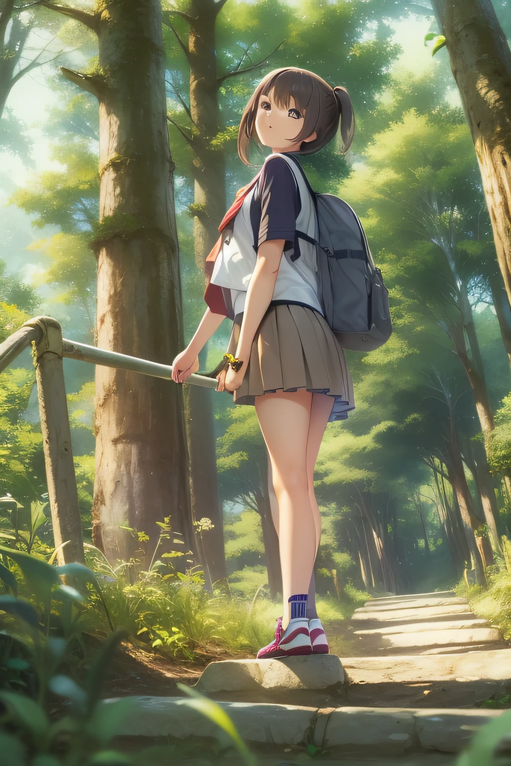 1 High School Girl、summer clothing、Climb the slope to school、tall trees on both sides、Looks cool