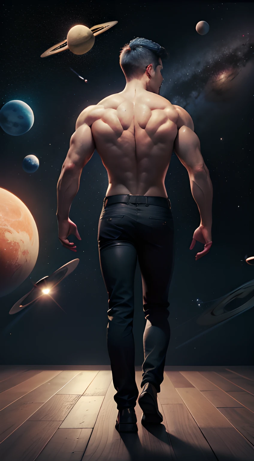 ((Men only)), (back view), (full body), (handsome muscular beautiful man in his 20's floating in space), (wearing dress shirt), (blue hair), (Planets and nebulae in the background), (showing his abs), Chris Redfield, Mischievous smile, (detaile: 1 in 1), Natural muscles, HIG quality, beautidful eyes, (Detailed face and eyes), (Face、: 1 / 2), Noise, Real Photographics、... ............................................................................................PSD, Sharp Focus, High resolution 8K, realisitic & Professional Photography, 8K UHD, Soft lighting, High quality, Film grain, FujifilmXT3