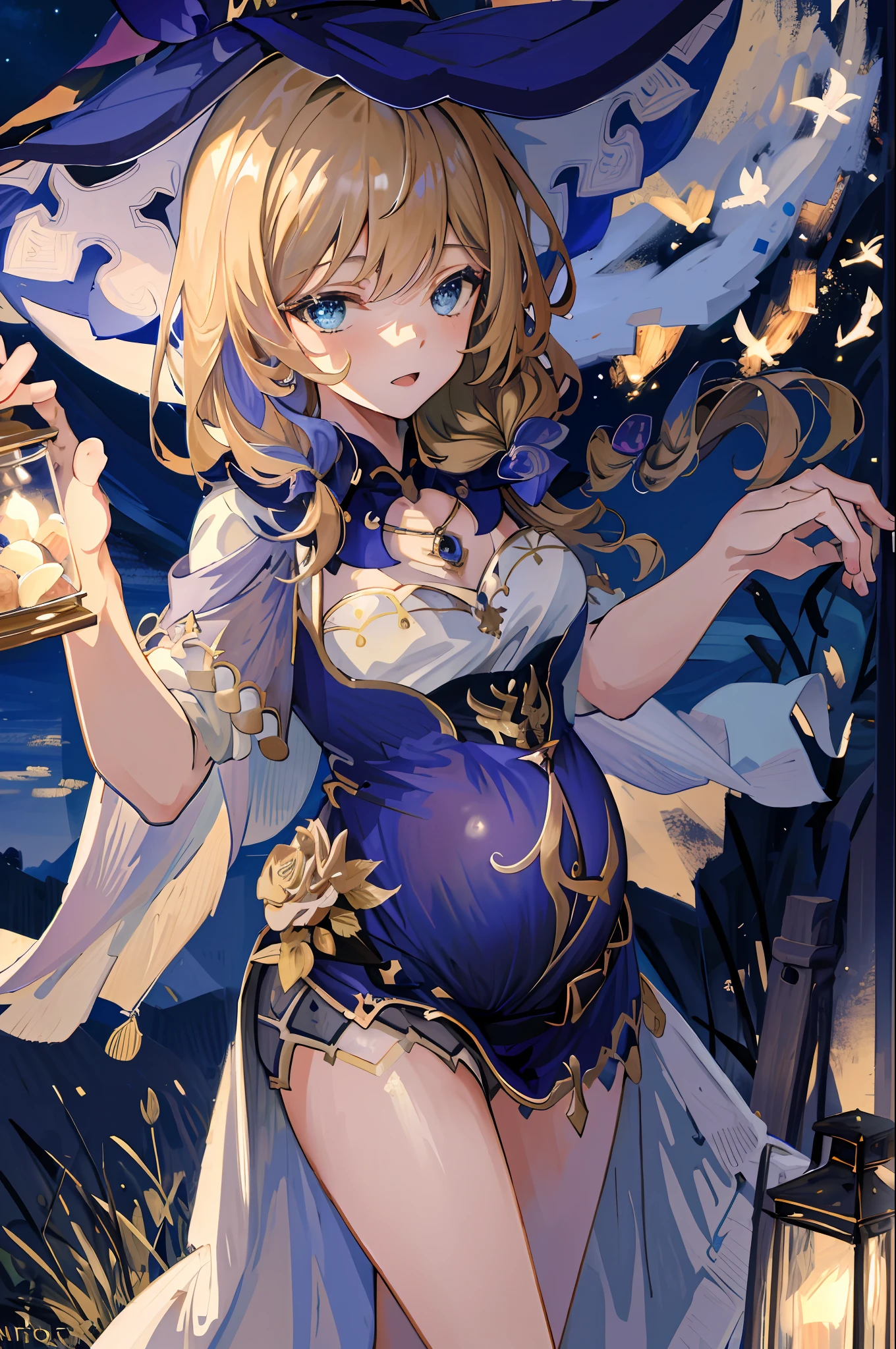 ((Masterpiece:1.2, Best quality)), 1girll, Solo, (Witch hat), Blonde hair, Long hair, dress, aurora, Night, Star (sky), mitts, sky, White dress, Night sky, Open mouth, Starry sky, Blue eyes, ribbon, Very long hair, Red dress, Smile, Hair ribbon, Cape, Blue hair, (Bird), magic, casting spell, Dark clouds, Night, (Impressionism:1.4), (tarot:1.3), Alphonse Mucha,Pregnant belly, Maternity clothing，Maternity wear，Pregnant belly，Pregnant belly