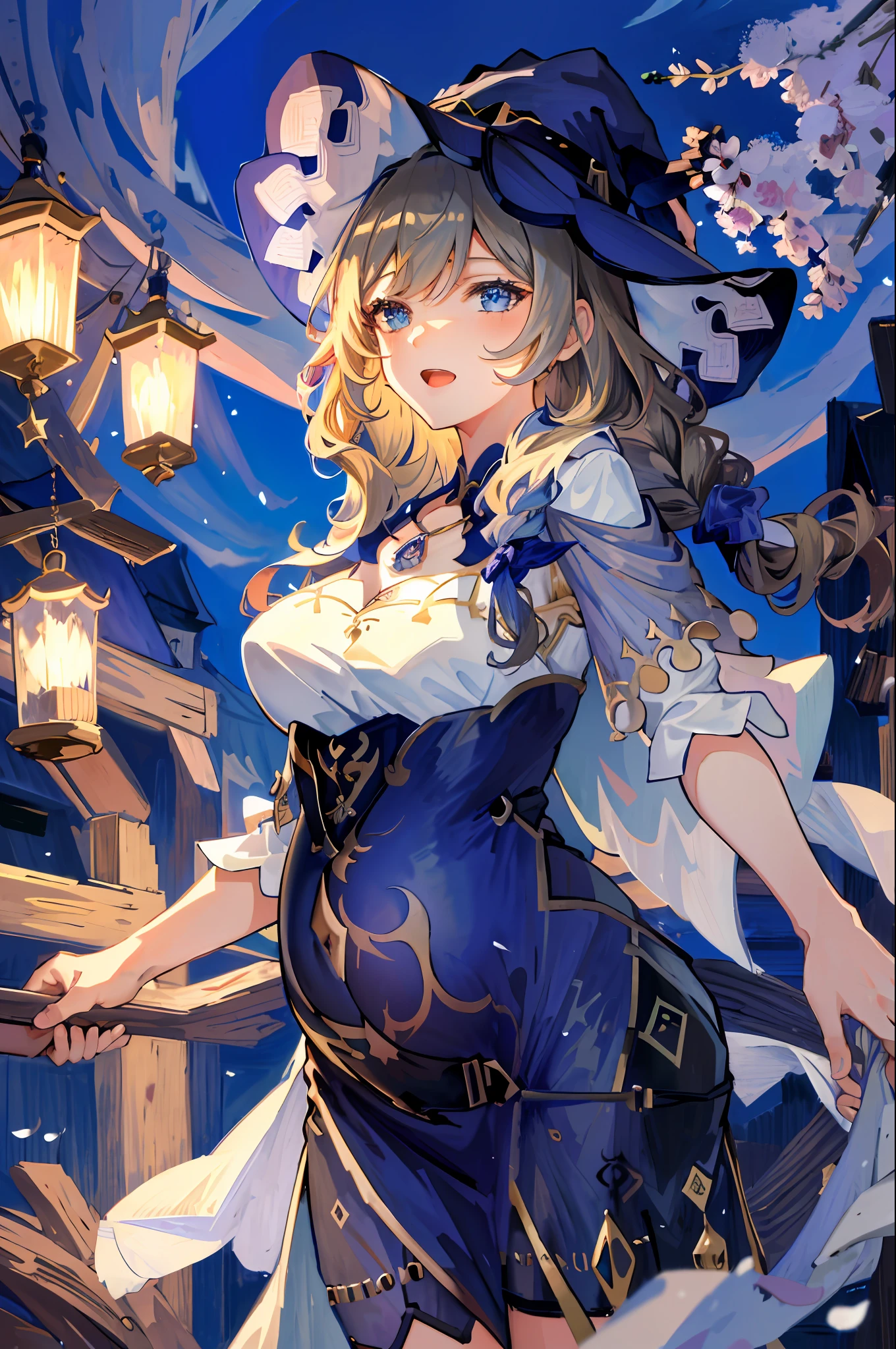 ((Masterpiece:1.2, Best quality)), 1girll, Solo, (Witch hat), Blonde hair, Long hair, dress, aurora, Night, Star (sky), mitts, sky, White dress, Night sky, Open mouth, Starry sky, Blue eyes, ribbon, Very long hair, Red dress, Smile, Hair ribbon, Cape, Blue hair, (Bird), magic, casting spell, Dark clouds, Night, (Impressionism:1.4), (tarot:1.3), Alphonse Mucha,Pregnant belly, Maternity clothing，Maternity wear，Pregnant belly，Pregnant belly