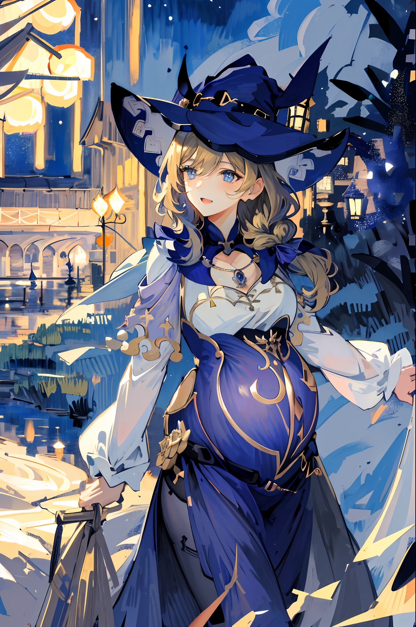 ((Masterpiece:1.2, Best quality)), 1girll, Solo, (Witch hat), Blonde hair, Long hair, dress, aurora, Night, Star (sky), mitts, sky, White dress, Night sky, Open mouth, Starry sky, Blue eyes, ribbon, Very long hair, Red dress, Smile, Hair ribbon, Cape, Blue hair, (Bird), magic, casting spell, Dark clouds, Night, (Impressionism:1.4), (tarot:1.3), Alphonse Mucha,Pregnant belly, Maternity clothing，Maternity wear，Pregnant belly，Pregnant belly