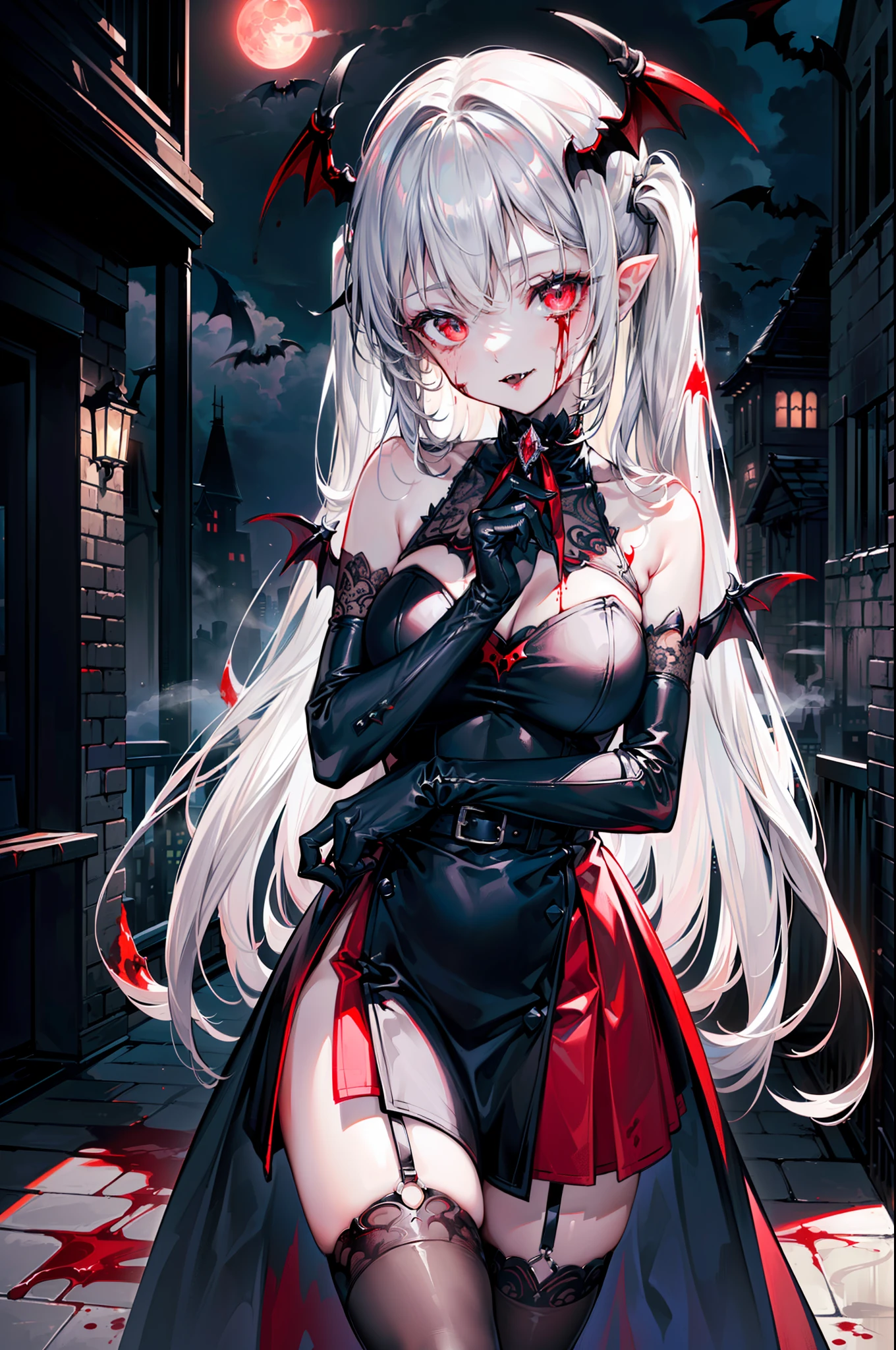 ((masterpiece, best quality, extremely detailed CG, unity 8k wallpaper,anatomically correct,ultra resolution)),Award-winning photography,(best illumination,Very Delicate and Beautiful),(one girl,solo,loli:1.5),(Vampire:1.5),silver hair,(twintails:1.2),glowing red eyes,pale skin,(extremely beautiful and detailed face:1.2), (extremely beautiful and detailed eyes:1.2),perfect hands,delicate legs,((bat hair ornament)),(graceful,fashion),pointy ears,((gown:1.45,black thighhighs,black elbow gloves,leg belt)),looking at viewer,hand on own chest,head tilt,smiling,dark persona,evil,(cute:1.5),((night, dark atmosphere, dark theme, darkness:1.5)),dramatic shadows,(dimly lit:1.5),blood on face,blood on floor, blood on walls,(blood mist,blood splash:1.4),depth of field,(Bustling city:1.2,park:1.3), cloud, full moon, moon, moonlight, night sky, outdoors, blood moon, sky, star sky, starry sky,(perfect human body structure with maximum precision)