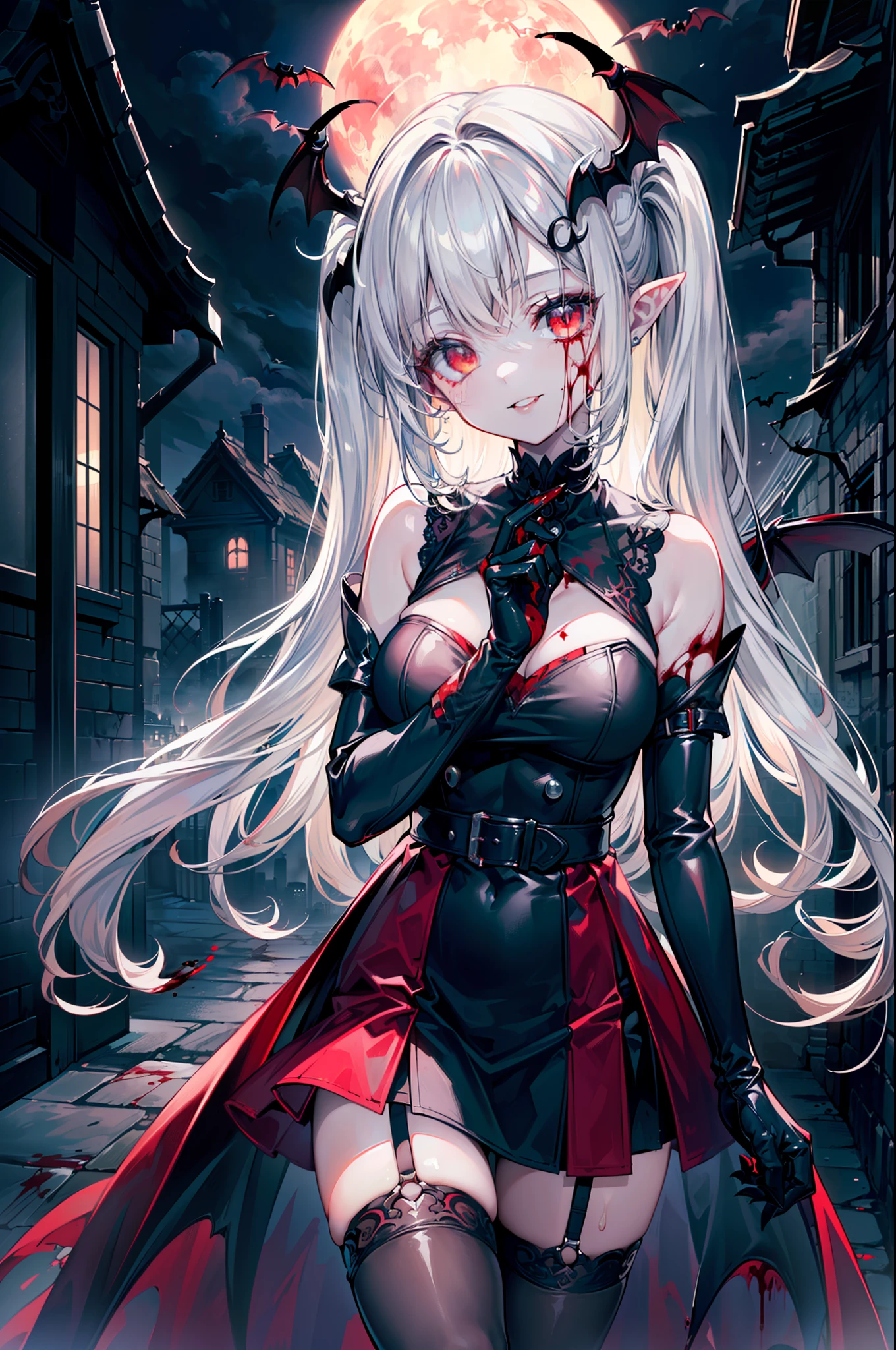 ((masterpiece, best quality, extremely detailed CG, unity 8k wallpaper,anatomically correct,ultra resolution)),Award-winning photography,(best illumination,Very Delicate and Beautiful),(one girl,solo,li:1.5),(Vampire:1.5),silver hair,(twintails:1.2),glowing red eyes,pale skin,(extremely beautiful and detailed face:1.2), (extremely beautiful and detailed eyes:1.2),perfect hands,delicate legs,((bat hair ornament)),(graceful,fashion),pointy ears,((gown:1.45,black thighhighs,black elbow gloves,leg belt)),looking at viewer,hand on own chest,head tilt,smiling,dark persona,evil,(cute:1.5),((night, dark atmosphere, dark theme, darkness:1.5)),dramatic shadows,(dimly lit:1.5),blood on face,blood on floor, blood on walls,(blood mist,blood splash:1.4),depth of field,(Bustling city:1.2,park:1.3), cloud, full moon, moon, moonlight, night sky, outdoors, blood moon, sky, star sky, starry sky,(perfect human body structure with maximum precision)