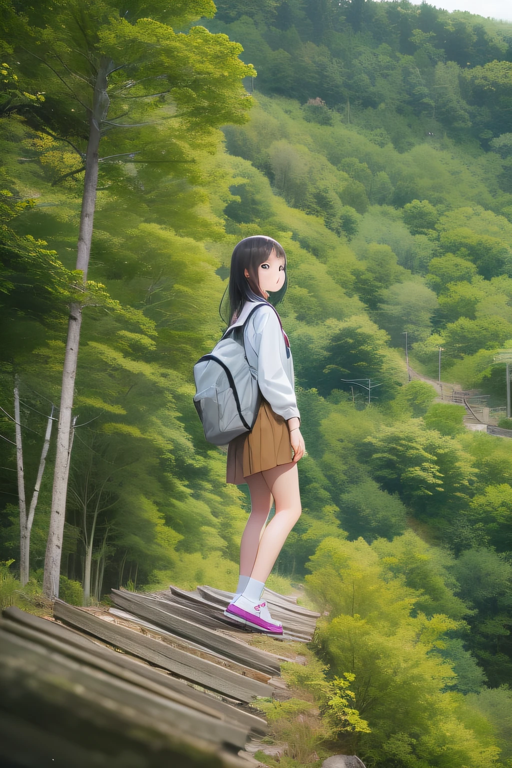 1 High School Girl、summer clothing、Climb the slope to school、tall trees on both sides、Looks cool、Looking at the camera