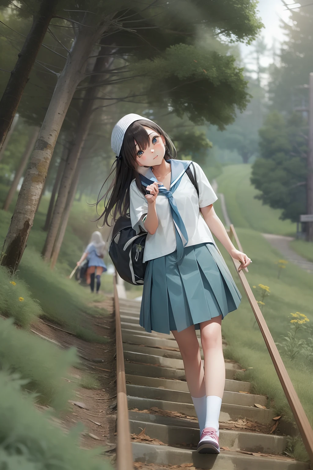 1 High School Girl、summer clothing、Climb the slope to school、tall trees on both sides、Looks cool、Looking at the camera